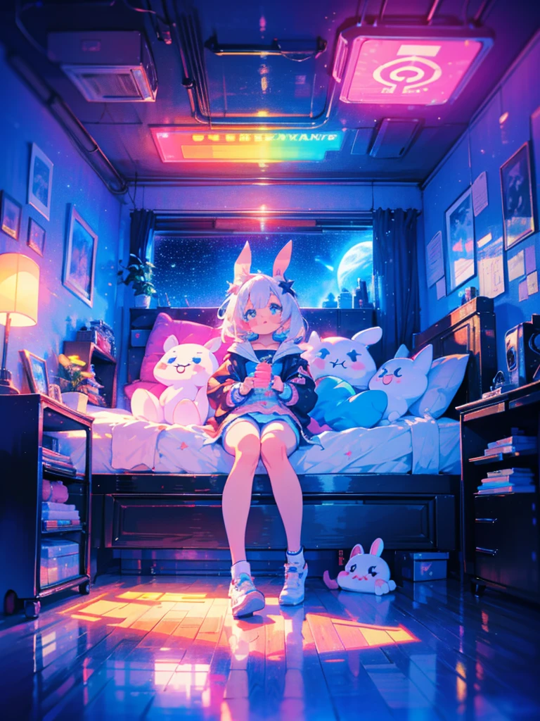 masterpiece,highly detailed interior,starry,stars,bunny technique,cyberpunkinterior,kawaiitech,1girl,kawaii, cutecolors,numbness,lying on bed,Colorful portraits,wide shot, full body
