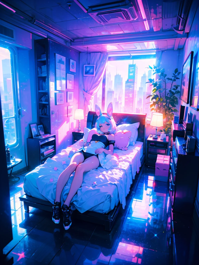 masterpiece,highly detailed interior,starry,stars,bunny technique,cyberpunkinterior,kawaiitech,1girl,kawaii, cutecolors,numbness,lying on bed,Colorful portraits,wide shot, full body
