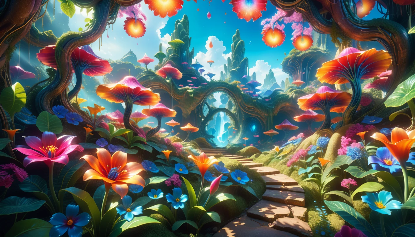 A Masterpiece In 32K Resolution: Supreme Quality, Super Detail, Official Art, Very High-Resolution 32K Wallpaper, Beautiful And Aesthetic, Ultra-Detailed Features, Awe-Inspiring Detail. A Surreal And Exotic Landscape Unfolds With Stunning Beauty In Every Corner, Vibrant And Filled With Color. The Scene Features A Mesmerizing Array Of Alien Flowers In Unique Shapes And Sizes, Alongside An Abundance Of Luscious, Otherworldly Fruits. Presented In Ultra-High Definition (4K Or 8K Resolution), Every Detail Is Captured With Precision And Clarity. The Image Boasts Extreme Realism, Providing An Immersive Experience That Transports The Viewer Into This Strange And Magical World. This Masterpiece Blends Illustration Techniques With Advanced 3D Rendering To Create A Breathtaking Visual Composition. The Bright, Vivid Colors Enhance The Surreal Quality Of The Environment, While Intricate Lighting Design Adds Depth And Texture, Showcasing Dynamic Shifts In Light And Shadow. This Piece Evokes Wonder And Curiosity, Drawing The Viewer Into An Extraordinary Realm Where Nature's Beauty Takes On An Entirely New And Awe-Inspiring Form.