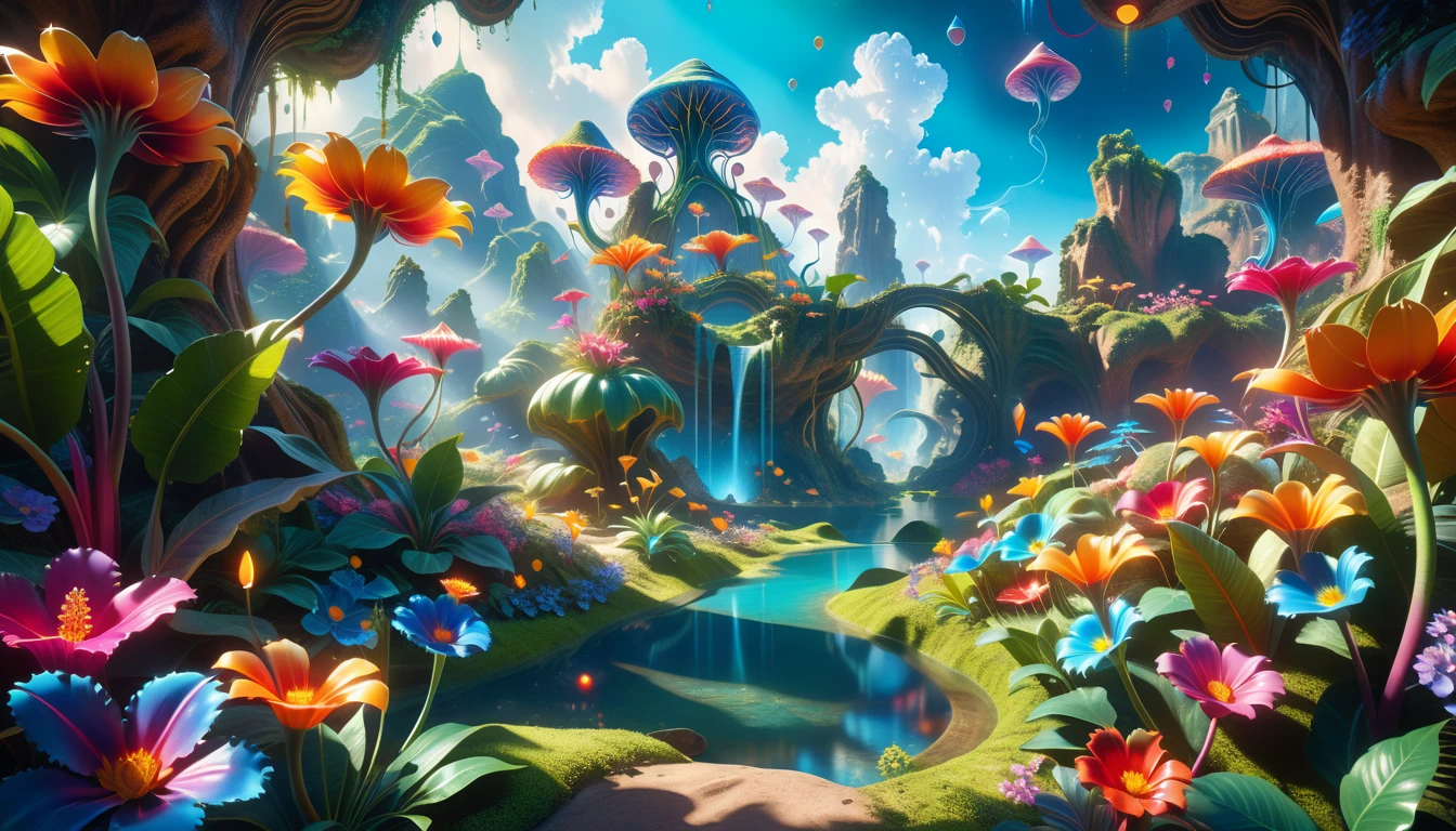 A Masterpiece In 32K Resolution: Supreme Quality, Super Detail, Official Art, Very High-Resolution 32K Wallpaper, Beautiful And Aesthetic, Ultra-Detailed Features, Awe-Inspiring Detail. A Surreal And Exotic Landscape Unfolds With Stunning Beauty In Every Corner, Vibrant And Filled With Color. The Scene Features A Mesmerizing Array Of Alien Flowers In Unique Shapes And Sizes, Alongside An Abundance Of Luscious, Otherworldly Fruits. Presented In Ultra-High Definition (4K Or 8K Resolution), Every Detail Is Captured With Precision And Clarity. The Image Boasts Extreme Realism, Providing An Immersive Experience That Transports The Viewer Into This Strange And Magical World. This Masterpiece Blends Illustration Techniques With Advanced 3D Rendering To Create A Breathtaking Visual Composition. The Bright, Vivid Colors Enhance The Surreal Quality Of The Environment, While Intricate Lighting Design Adds Depth And Texture, Showcasing Dynamic Shifts In Light And Shadow. This Piece Evokes Wonder And Curiosity, Drawing The Viewer Into An Extraordinary Realm Where Nature's Beauty Takes On An Entirely New And Awe-Inspiring Form.