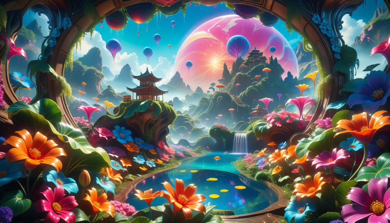 A Masterpiece In 32K Resolution: Supreme Quality, Super Detail, Official Art, Very High-Resolution 32K Wallpaper, Beautiful And Aesthetic, Ultra-Detailed Features, Awe-Inspiring Detail. A Surreal And Exotic Landscape Unfolds With Stunning Beauty In Every Corner, Vibrant And Filled With Color. The Scene Features A Mesmerizing Array Of Alien Flowers In Unique Shapes And Sizes, Alongside An Abundance Of Luscious, Otherworldly Fruits. Presented In Ultra-High Definition (4K Or 8K Resolution), Every Detail Is Captured With Precision And Clarity. The Image Boasts Extreme Realism, Providing An Immersive Experience That Transports The Viewer Into This Strange And Magical World. This Masterpiece Blends Illustration Techniques With Advanced 3D Rendering To Create A Breathtaking Visual Composition. The Bright, Vivid Colors Enhance The Surreal Quality Of The Environment, While Intricate Lighting Design Adds Depth And Texture, Showcasing Dynamic Shifts In Light And Shadow. This Piece Evokes Wonder And Curiosity, Drawing The Viewer Into An Extraordinary Realm Where Nature's Beauty Takes On An Entirely New And Awe-Inspiring Form.