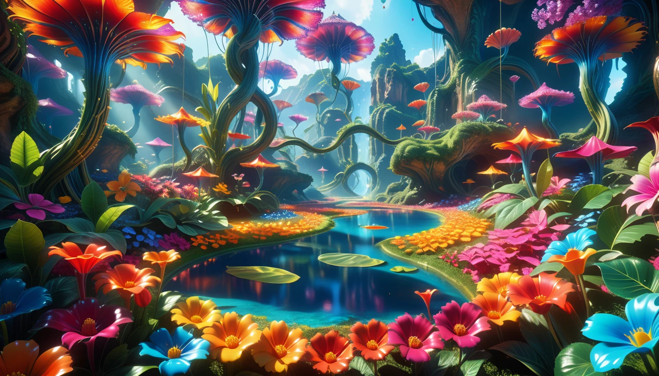 A Masterpiece In 32K Resolution: Supreme Quality, Super Detail, Official Art, Very High-Resolution 32K Wallpaper, Beautiful And Aesthetic, Ultra-Detailed Features, Awe-Inspiring Detail. A Surreal And Exotic Landscape Unfolds With Stunning Beauty In Every Corner, Vibrant And Filled With Color. The Scene Features A Mesmerizing Array Of Alien Flowers In Unique Shapes And Sizes, Alongside An Abundance Of Luscious, Otherworldly Fruits. Presented In Ultra-High Definition (4K Or 8K Resolution), Every Detail Is Captured With Precision And Clarity. The Image Boasts Extreme Realism, Providing An Immersive Experience That Transports The Viewer Into This Strange And Magical World. This Masterpiece Blends Illustration Techniques With Advanced 3D Rendering To Create A Breathtaking Visual Composition. The Bright, Vivid Colors Enhance The Surreal Quality Of The Environment, While Intricate Lighting Design Adds Depth And Texture, Showcasing Dynamic Shifts In Light And Shadow. This Piece Evokes Wonder And Curiosity, Drawing The Viewer Into An Extraordinary Realm Where Nature's Beauty Takes On An Entirely New And Awe-Inspiring Form.