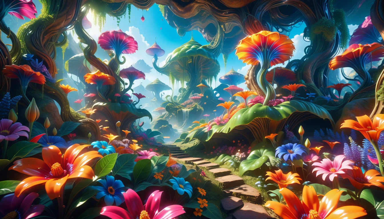 A Masterpiece In 32K Resolution: Supreme Quality, Super Detail, Official Art, Very High-Resolution 32K Wallpaper, Beautiful And Aesthetic, Ultra-Detailed Features, Awe-Inspiring Detail. A Surreal And Exotic Landscape Unfolds With Stunning Beauty In Every Corner, Vibrant And Filled With Color. The Scene Features A Mesmerizing Array Of Alien Flowers In Unique Shapes And Sizes, Alongside An Abundance Of Luscious, Otherworldly Fruits. Presented In Ultra-High Definition (4K Or 8K Resolution), Every Detail Is Captured With Precision And Clarity. The Image Boasts Extreme Realism, Providing An Immersive Experience That Transports The Viewer Into This Strange And Magical World. This Masterpiece Blends Illustration Techniques With Advanced 3D Rendering To Create A Breathtaking Visual Composition. The Bright, Vivid Colors Enhance The Surreal Quality Of The Environment, While Intricate Lighting Design Adds Depth And Texture, Showcasing Dynamic Shifts In Light And Shadow. This Piece Evokes Wonder And Curiosity, Drawing The Viewer Into An Extraordinary Realm Where Nature's Beauty Takes On An Entirely New And Awe-Inspiring Form.