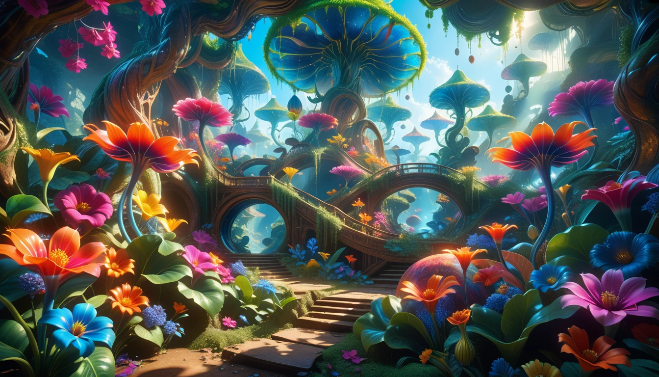 A Masterpiece In 32K Resolution: Supreme Quality, Super Detail, Official Art, Very High-Resolution 32K Wallpaper, Beautiful And Aesthetic, Ultra-Detailed Features, Awe-Inspiring Detail. A Surreal And Exotic Landscape Unfolds With Stunning Beauty In Every Corner, Vibrant And Filled With Color. The Scene Features A Mesmerizing Array Of Alien Flowers In Unique Shapes And Sizes, Alongside An Abundance Of Luscious, Otherworldly Fruits. Presented In Ultra-High Definition (4K Or 8K Resolution), Every Detail Is Captured With Precision And Clarity. The Image Boasts Extreme Realism, Providing An Immersive Experience That Transports The Viewer Into This Strange And Magical World. This Masterpiece Blends Illustration Techniques With Advanced 3D Rendering To Create A Breathtaking Visual Composition. The Bright, Vivid Colors Enhance The Surreal Quality Of The Environment, While Intricate Lighting Design Adds Depth And Texture, Showcasing Dynamic Shifts In Light And Shadow. This Piece Evokes Wonder And Curiosity, Drawing The Viewer Into An Extraordinary Realm Where Nature's Beauty Takes On An Entirely New And Awe-Inspiring Form.