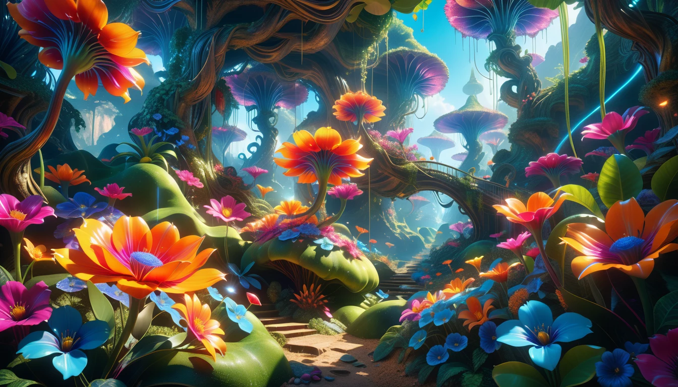 A Masterpiece In 32K Resolution: Supreme Quality, Super Detail, Official Art, Very High-Resolution 32K Wallpaper, Beautiful And Aesthetic, Ultra-Detailed Features, Awe-Inspiring Detail. A Surreal And Exotic Landscape Unfolds With Stunning Beauty In Every Corner, Vibrant And Filled With Color. The Scene Features A Mesmerizing Array Of Alien Flowers In Unique Shapes And Sizes, Alongside An Abundance Of Luscious, Otherworldly Fruits. Presented In Ultra-High Definition (4K Or 8K Resolution), Every Detail Is Captured With Precision And Clarity. The Image Boasts Extreme Realism, Providing An Immersive Experience That Transports The Viewer Into This Strange And Magical World. This Masterpiece Blends Illustration Techniques With Advanced 3D Rendering To Create A Breathtaking Visual Composition. The Bright, Vivid Colors Enhance The Surreal Quality Of The Environment, While Intricate Lighting Design Adds Depth And Texture, Showcasing Dynamic Shifts In Light And Shadow. This Piece Evokes Wonder And Curiosity, Drawing The Viewer Into An Extraordinary Realm Where Nature's Beauty Takes On An Entirely New And Awe-Inspiring Form.