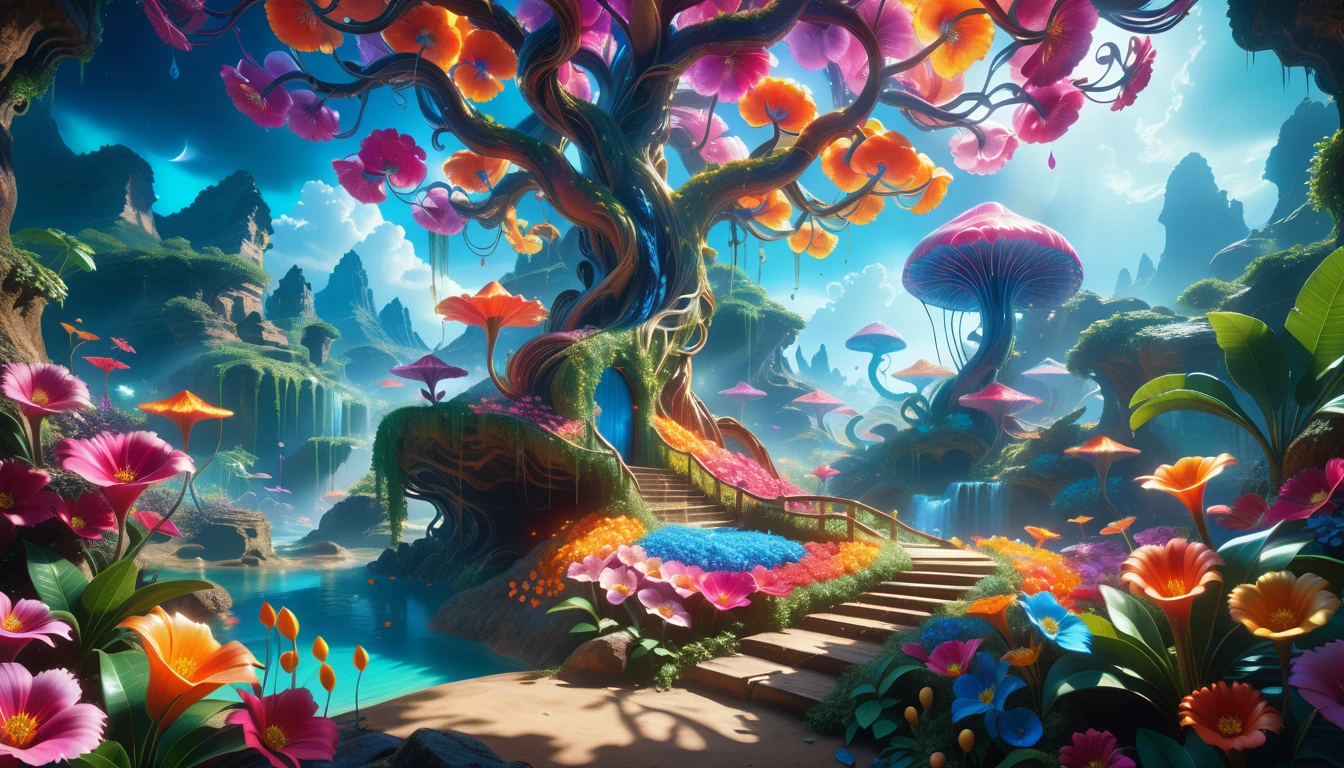 A Masterpiece In 32K Resolution: Supreme Quality, Super Detail, Official Art, Very High-Resolution 32K Wallpaper, Beautiful And Aesthetic, Ultra-Detailed Features, Awe-Inspiring Detail. A Surreal And Exotic Landscape Unfolds With Stunning Beauty In Every Corner, Vibrant And Filled With Color. The Scene Features A Mesmerizing Array Of Alien Flowers In Unique Shapes And Sizes, Alongside An Abundance Of Luscious, Otherworldly Fruits. Presented In Ultra-High Definition (4K Or 8K Resolution), Every Detail Is Captured With Precision And Clarity. The Image Boasts Extreme Realism, Providing An Immersive Experience That Transports The Viewer Into This Strange And Magical World. This Masterpiece Blends Illustration Techniques With Advanced 3D Rendering To Create A Breathtaking Visual Composition. The Bright, Vivid Colors Enhance The Surreal Quality Of The Environment, While Intricate Lighting Design Adds Depth And Texture, Showcasing Dynamic Shifts In Light And Shadow. This Piece Evokes Wonder And Curiosity, Drawing The Viewer Into An Extraordinary Realm Where Nature's Beauty Takes On An Entirely New And Awe-Inspiring Form.