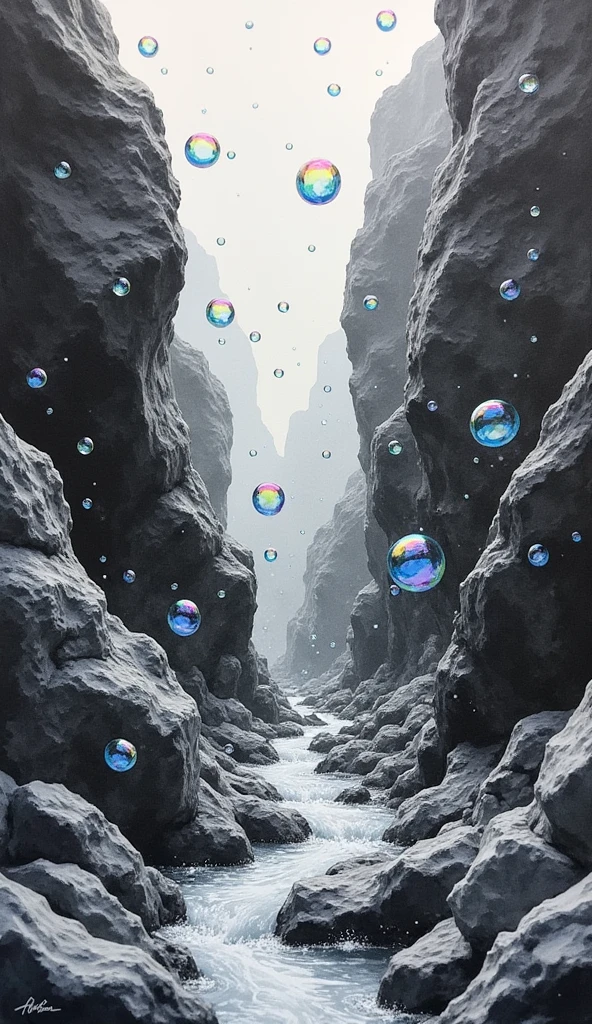 glossy watercolor and acrylic fusion art, bubbles overflowing from the cracks in the rocks, creeping along the ground, breaking into chunks and floating in the air, iridescent black and white inversion effect art