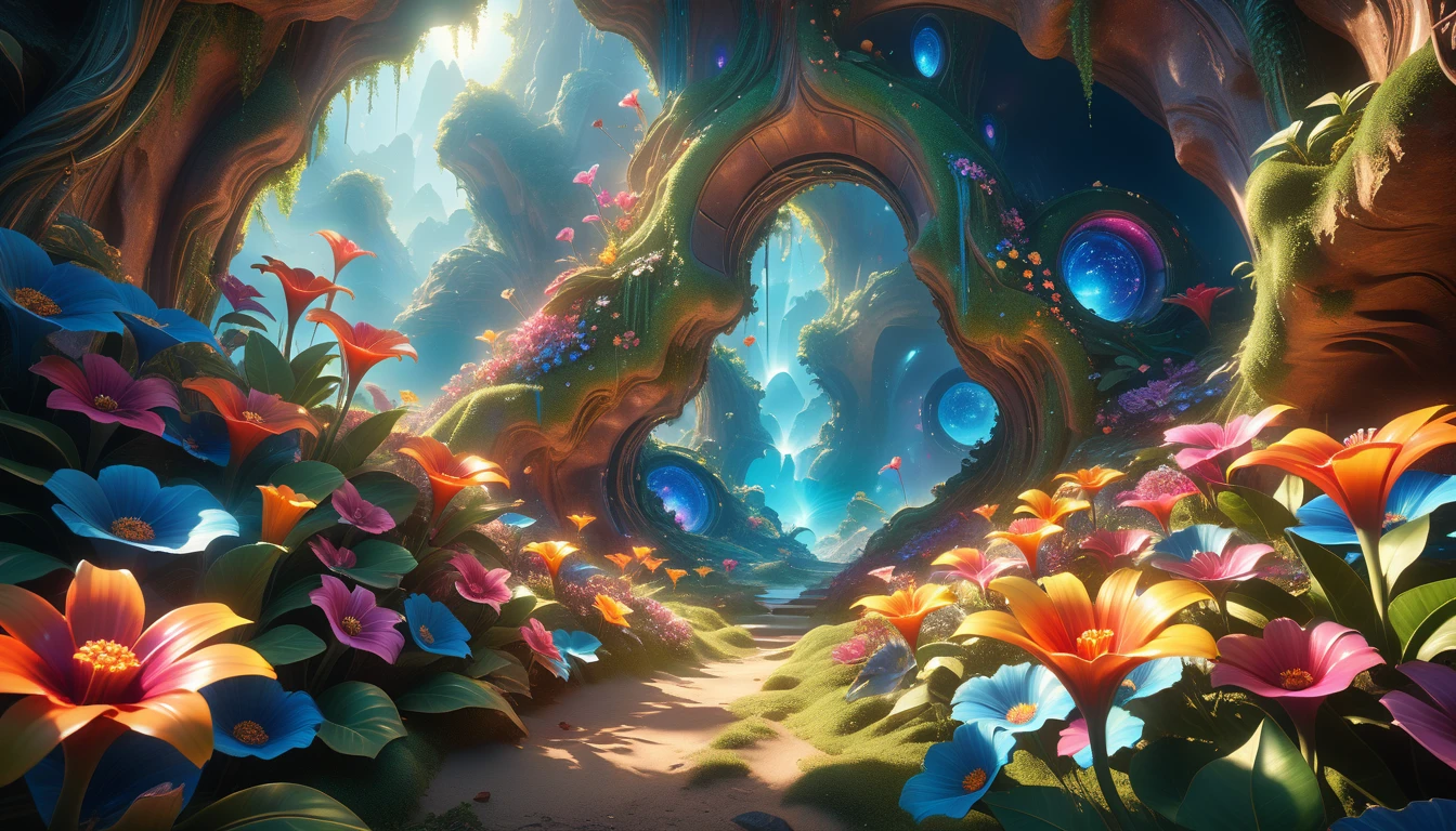 A Masterpiece In 32K Resolution: Supreme Quality, Super Detail, Official Art, Very High-Resolution 32K Wallpaper, Beautiful And Aesthetic, Ultra-Detailed Features, Awe-Inspiring Detail. A Surreal And Exotic Landscape Unfolds With Stunning Beauty In Every Corner, Vibrant And Filled With Color. The Scene Features A Mesmerizing Array Of Alien Flowers In Unique Shapes And Sizes, Alongside An Abundance Of Luscious, Otherworldly Fruits. Presented In Ultra-High Definition (4K Or 8K Resolution), Every Detail Is Captured With Precision And Clarity. The Image Boasts Extreme Realism, Providing An Immersive Experience That Transports The Viewer Into This Strange And Magical World. This Masterpiece Blends Illustration Techniques With Advanced 3D Rendering To Create A Breathtaking Visual Composition. The Bright, Vivid Colors Enhance The Surreal Quality Of The Environment, While Intricate Lighting Design Adds Depth And Texture, Showcasing Dynamic Shifts In Light And Shadow. This Piece Evokes Wonder And Curiosity, Drawing The Viewer Into An Extraordinary Realm Where Nature's Beauty Takes On An Entirely New And Awe-Inspiring Form.