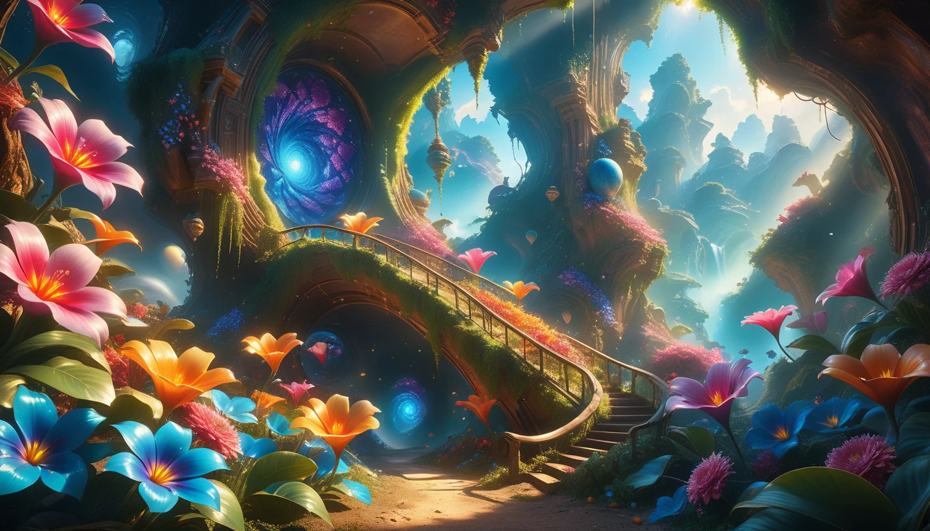 A Masterpiece In 32K Resolution: Supreme Quality, Super Detail, Official Art, Very High-Resolution 32K Wallpaper, Beautiful And Aesthetic, Ultra-Detailed Features, Awe-Inspiring Detail. A Surreal And Exotic Landscape Unfolds With Stunning Beauty In Every Corner, Vibrant And Filled With Color. The Scene Features A Mesmerizing Array Of Alien Flowers In Unique Shapes And Sizes, Alongside An Abundance Of Luscious, Otherworldly Fruits. Presented In Ultra-High Definition (4K Or 8K Resolution), Every Detail Is Captured With Precision And Clarity. The Image Boasts Extreme Realism, Providing An Immersive Experience That Transports The Viewer Into This Strange And Magical World. This Masterpiece Blends Illustration Techniques With Advanced 3D Rendering To Create A Breathtaking Visual Composition. The Bright, Vivid Colors Enhance The Surreal Quality Of The Environment, While Intricate Lighting Design Adds Depth And Texture, Showcasing Dynamic Shifts In Light And Shadow. This Piece Evokes Wonder And Curiosity, Drawing The Viewer Into An Extraordinary Realm Where Nature's Beauty Takes On An Entirely New And Awe-Inspiring Form.