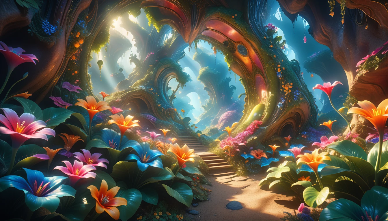 A Masterpiece In 32K Resolution: Supreme Quality, Super Detail, Official Art, Very High-Resolution 32K Wallpaper, Beautiful And Aesthetic, Ultra-Detailed Features, Awe-Inspiring Detail. A Surreal And Exotic Landscape Unfolds With Stunning Beauty In Every Corner, Vibrant And Filled With Color. The Scene Features A Mesmerizing Array Of Alien Flowers In Unique Shapes And Sizes, Alongside An Abundance Of Luscious, Otherworldly Fruits. Presented In Ultra-High Definition (4K Or 8K Resolution), Every Detail Is Captured With Precision And Clarity. The Image Boasts Extreme Realism, Providing An Immersive Experience That Transports The Viewer Into This Strange And Magical World. This Masterpiece Blends Illustration Techniques With Advanced 3D Rendering To Create A Breathtaking Visual Composition. The Bright, Vivid Colors Enhance The Surreal Quality Of The Environment, While Intricate Lighting Design Adds Depth And Texture, Showcasing Dynamic Shifts In Light And Shadow. This Piece Evokes Wonder And Curiosity, Drawing The Viewer Into An Extraordinary Realm Where Nature's Beauty Takes On An Entirely New And Awe-Inspiring Form.