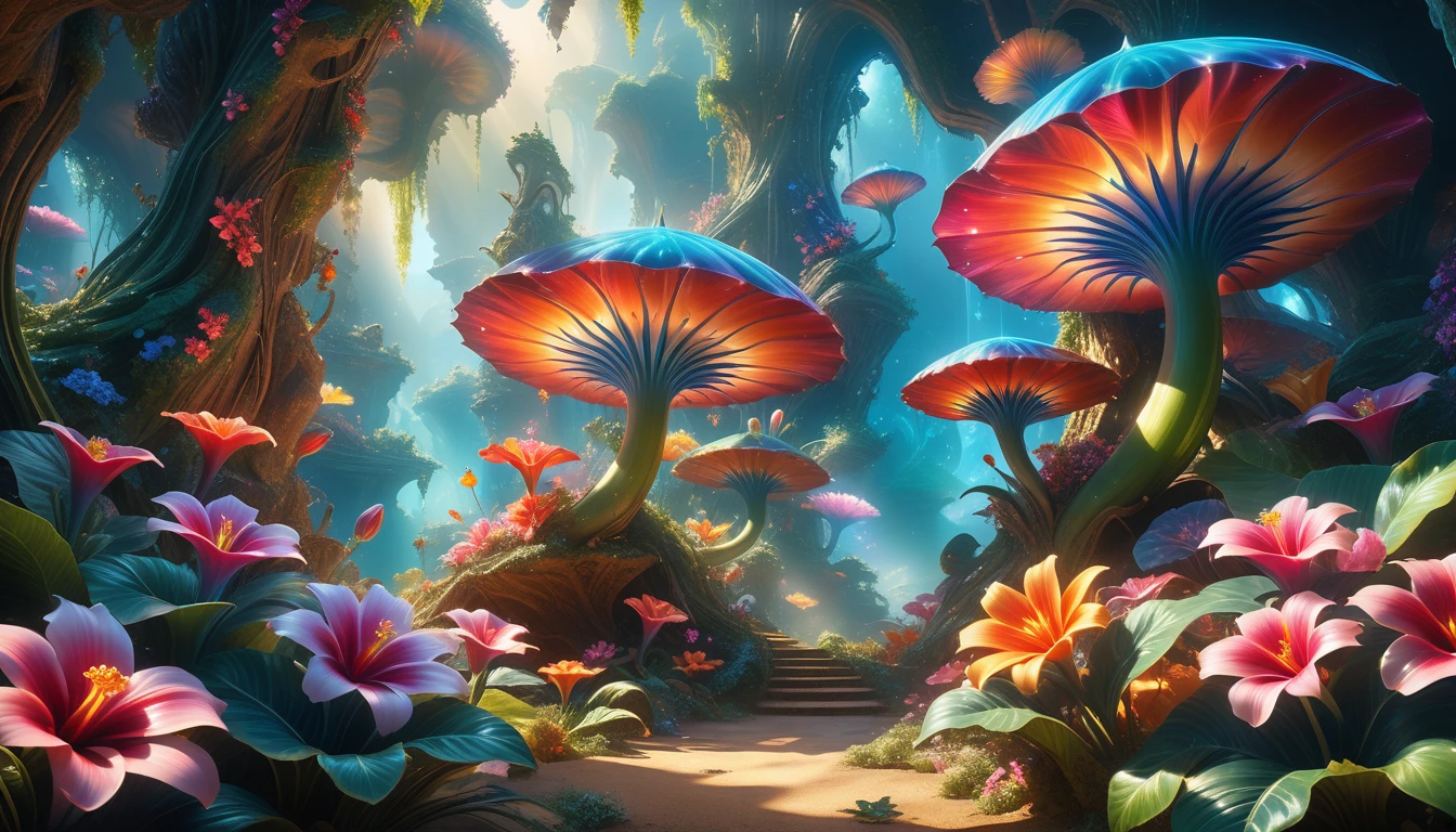 A Masterpiece In 32K Resolution: Supreme Quality, Super Detail, Official Art, Very High-Resolution 32K Wallpaper, Beautiful And Aesthetic, Ultra-Detailed Features, Awe-Inspiring Detail. A Surreal And Exotic Landscape Unfolds With Stunning Beauty In Every Corner, Vibrant And Filled With Color. The Scene Features A Mesmerizing Array Of Alien Flowers In Unique Shapes And Sizes, Alongside An Abundance Of Luscious, Otherworldly Fruits. Presented In Ultra-High Definition (4K Or 8K Resolution), Every Detail Is Captured With Precision And Clarity. The Image Boasts Extreme Realism, Providing An Immersive Experience That Transports The Viewer Into This Strange And Magical World. This Masterpiece Blends Illustration Techniques With Advanced 3D Rendering To Create A Breathtaking Visual Composition. The Bright, Vivid Colors Enhance The Surreal Quality Of The Environment, While Intricate Lighting Design Adds Depth And Texture, Showcasing Dynamic Shifts In Light And Shadow. This Piece Evokes Wonder And Curiosity, Drawing The Viewer Into An Extraordinary Realm Where Nature's Beauty Takes On An Entirely New And Awe-Inspiring Form.