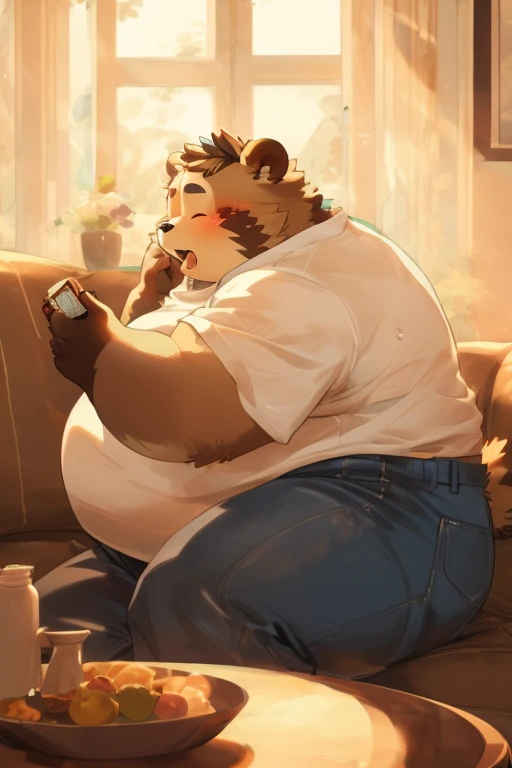 tanuki，obese,  distracted, eyes closed, wearing a tight white shirt, skinny jeans, sweating, sitting in the living room, sitting on the sofa, fanning herself from the heat, Sun rays coming through the window, panting, incomforme, blushing, (3:4)