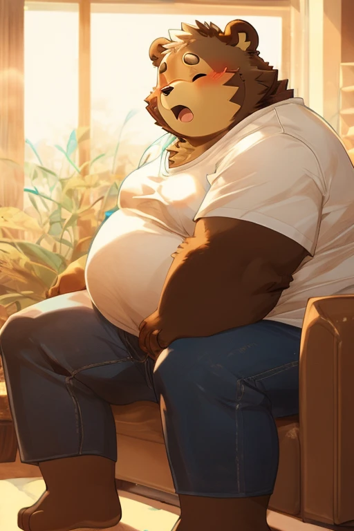 tanuki，obese,  distracted, eyes closed, wearing a tight white shirt, skinny jeans, sweating, sitting in the living room, sitting on the sofa, fanning herself from the heat, Sun rays coming through the window, panting, incomforme, blushing, (3:4)