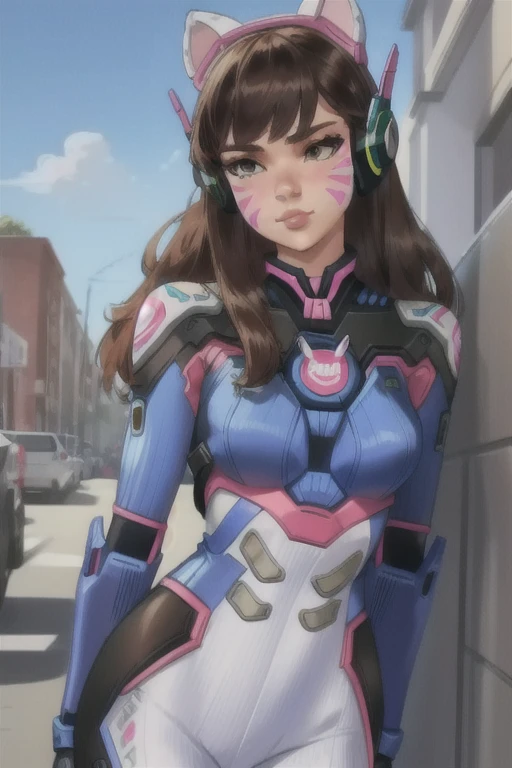 (masterpiece, best quality),  intricate details,
1girl,   1girl, d.va (overwatch), solo, long hair, whisker markings, bodysuit, brown hair, facial mark, gloves, breasts, brown eyes, pilot suit, cowboy shot, headphones, white gloves, medium breasts, swept bangs, skin tight, animal print, bangs, bunny print, ribbed bodysuit, facepaint, pink lips,