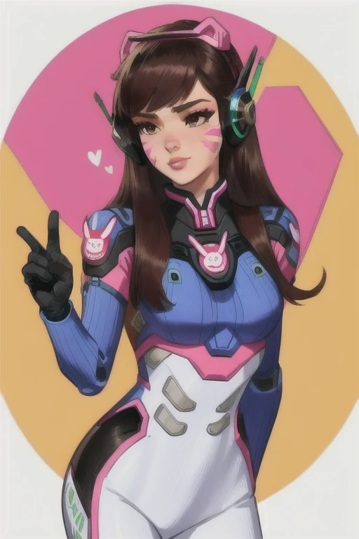 (masterpiece, best quality),  intricate details,
1girl,   1girl, d.va (overwatch), solo, long hair, whisker markings, bodysuit, brown hair, facial mark, gloves, breasts, brown eyes, pilot suit, cowboy shot, headphones, white gloves, medium breasts, swept bangs, skin tight, animal print, bangs, bunny print, ribbed bodysuit, facepaint, pink lips,