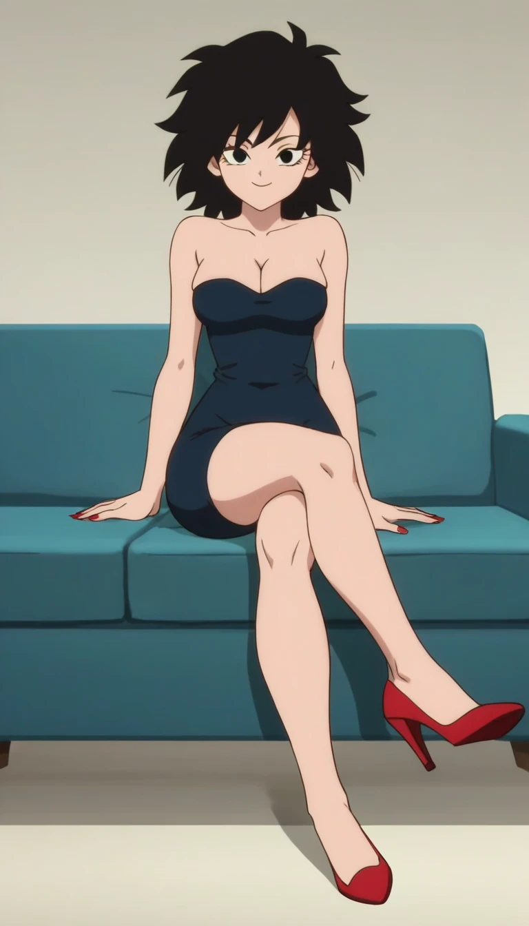 source_anime, score_9, score_8_up, score_7_up, anime screencap, absurd res, official style, gine, 1girl, solo, black hair, black eyes, closed mouth, pelo aguamarina, bare shoulders, strapless, medium breast, a strapless black tube dress, cleavage, sitting on a sofa, full body, bare legs with red heels, smile, looking at viewers
