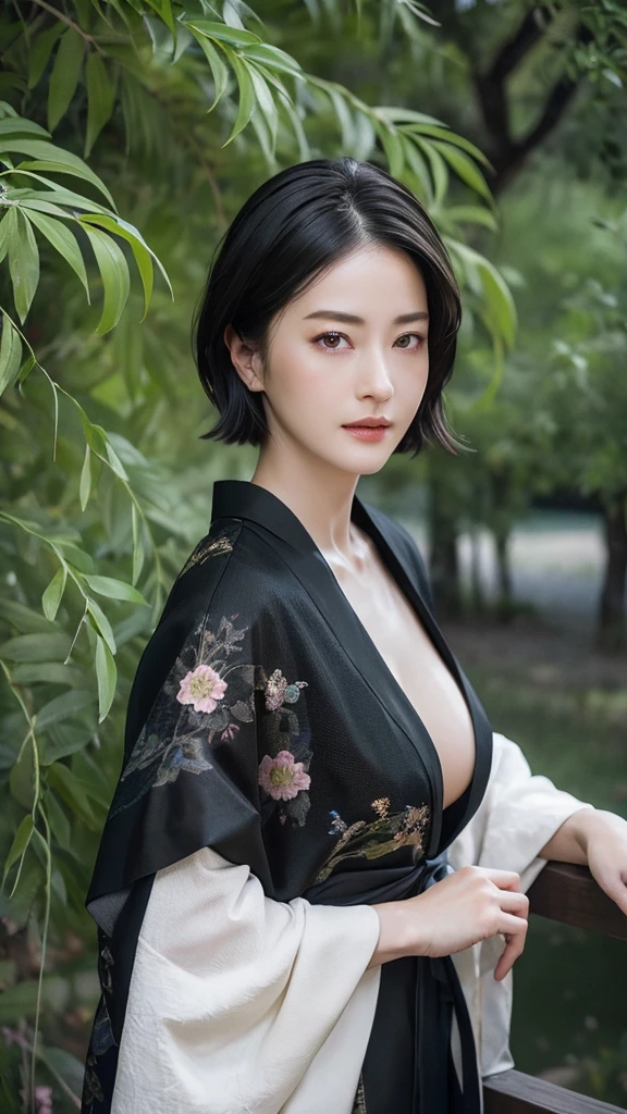 High resolution、masterpiece、Textured Skin、High image quality、超High resolution、Very detailed、woman、Center parted short black hair、Large Breasts、sexy、All-black kimono、The background is under the willow tree in the dark night、solo, Look at, 