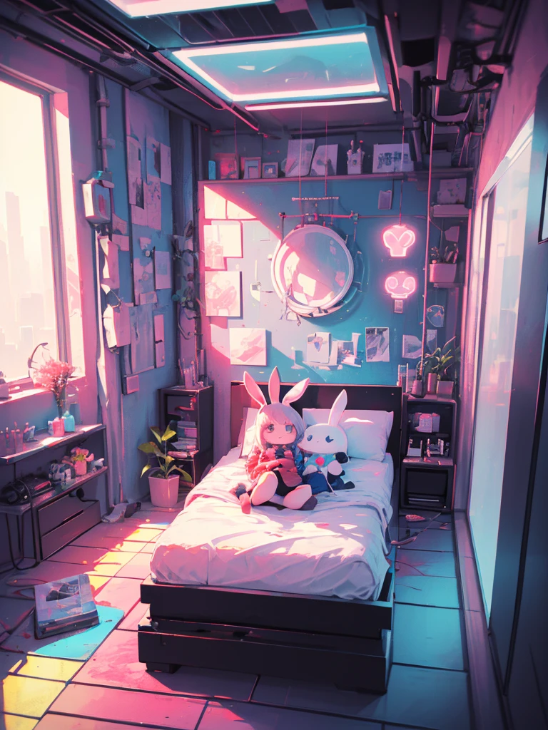 masterpiece,high quality,highly detailed interior,bunny technique,cyberpunkinterior,cyberpunk,kawaiitech,Soft light,1girl,kawaii, cutecolors,numbness,lying on bed,Colorful portraits,wide shot, full body