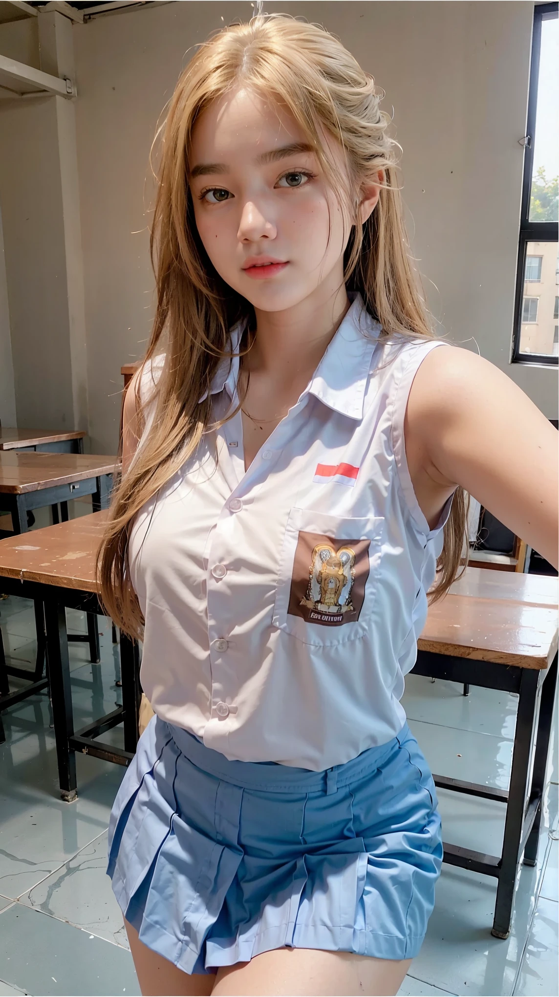 young girl wearing thin rounded glasses, shoulder length red hair, rounded face and thick lips, wearing white t-shirt and blue jeans. Kitchen themed background with lots of birthday cakes. realistic style.