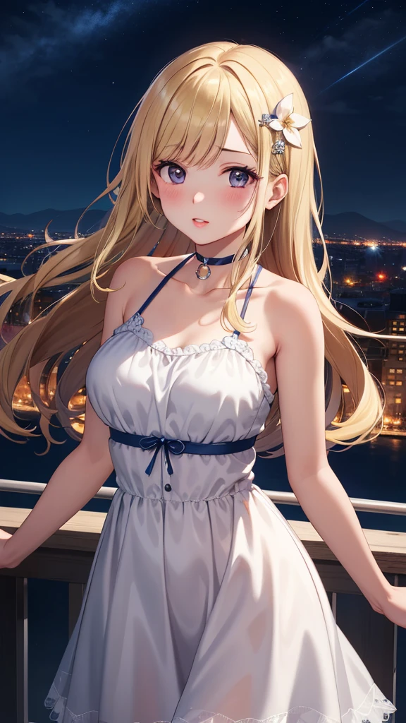 1girl, natural lighting, masterpiece, highly detailed, illustration, game CG, absurdres, high quality, beautiful detailed eyes, glossy lips, natural lighting, medium breasts, klaudia valentz, standing, city street, night, neon lights, minidress, collarbone