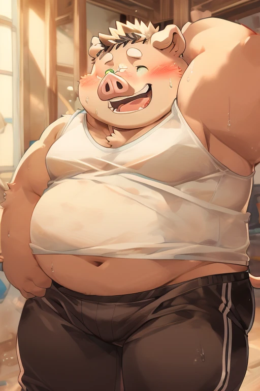 Pig，obese,  distracted, green eyes, wearing a tight white tank top, black sweatpants, shirt slightly raised, showing the navel halfway, heat, sweating, blushing, panting, laughing lightly, scratching the back of his neck, belly photo, (3:4)