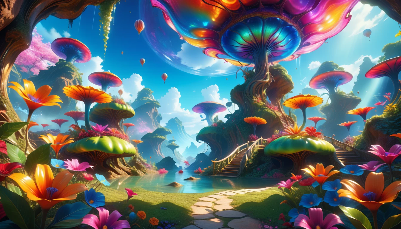 A Masterpiece In 32K Resolution: Supreme Quality, Super Detail, Official Art, Very High-Resolution 32K Wallpaper, Beautiful And Aesthetic, Ultra-Detailed Features, Awe-Inspiring Detail. A Surreal And Exotic Landscape Unfolds With Stunning Beauty In Every Corner, Vibrant And Filled With Color. The Scene Features A Mesmerizing Array Of Alien Flowers In Unique Shapes And Sizes, Alongside An Abundance Of Luscious, Otherworldly Fruits. Presented In Ultra-High Definition (4K Or 8K Resolution), Every Detail Is Captured With Precision And Clarity. The Image Boasts Extreme Realism, Providing An Immersive Experience That Transports The Viewer Into This Strange And Magical World. This Masterpiece Blends Illustration Techniques With Advanced 3D Rendering To Create A Breathtaking Visual Composition. The Bright, Vivid Colors Enhance The Surreal Quality Of The Environment, While Intricate Lighting Design Adds Depth And Texture, Showcasing Dynamic Shifts In Light And Shadow. This Piece Evokes Wonder And Curiosity, Drawing The Viewer Into An Extraordinary Realm Where Nature's Beauty Takes On An Entirely New And Awe-Inspiring Form.