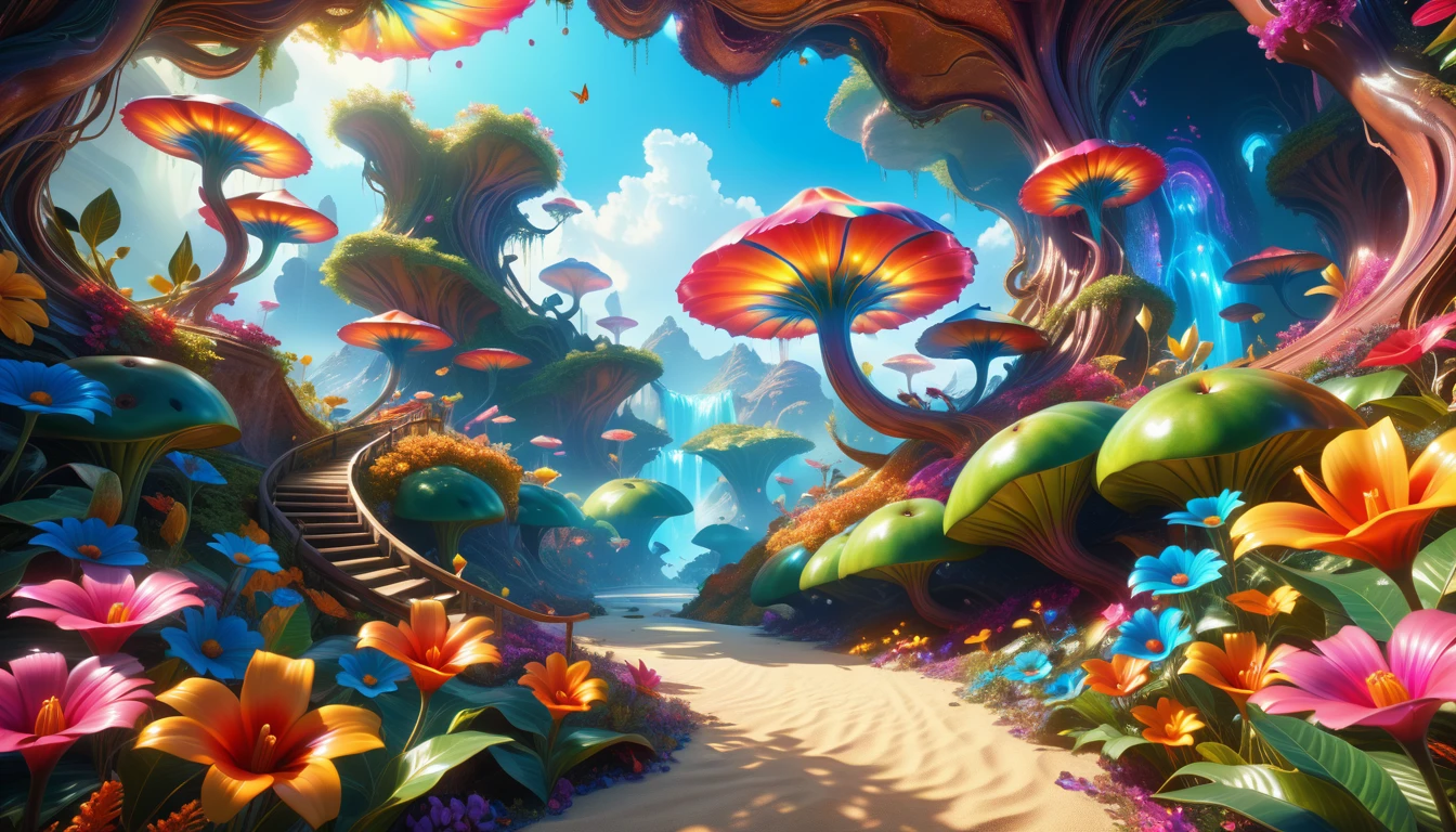 A Masterpiece In 32K Resolution: Supreme Quality, Super Detail, Official Art, Very High-Resolution 32K Wallpaper, Beautiful And Aesthetic, Ultra-Detailed Features, Awe-Inspiring Detail. A Surreal And Exotic Landscape Unfolds With Stunning Beauty In Every Corner, Vibrant And Filled With Color. The Scene Features A Mesmerizing Array Of Alien Flowers In Unique Shapes And Sizes, Alongside An Abundance Of Luscious, Otherworldly Fruits. Presented In Ultra-High Definition (4K Or 8K Resolution), Every Detail Is Captured With Precision And Clarity. The Image Boasts Extreme Realism, Providing An Immersive Experience That Transports The Viewer Into This Strange And Magical World. This Masterpiece Blends Illustration Techniques With Advanced 3D Rendering To Create A Breathtaking Visual Composition. The Bright, Vivid Colors Enhance The Surreal Quality Of The Environment, While Intricate Lighting Design Adds Depth And Texture, Showcasing Dynamic Shifts In Light And Shadow. This Piece Evokes Wonder And Curiosity, Drawing The Viewer Into An Extraordinary Realm Where Nature's Beauty Takes On An Entirely New And Awe-Inspiring Form.