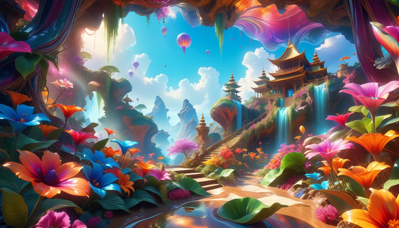 A Masterpiece In 32K Resolution: Supreme Quality, Super Detail, Official Art, Very High-Resolution 32K Wallpaper, Beautiful And Aesthetic, Ultra-Detailed Features, Awe-Inspiring Detail. A Surreal And Exotic Landscape Unfolds With Stunning Beauty In Every Corner, Vibrant And Filled With Color. The Scene Features A Mesmerizing Array Of Alien Flowers In Unique Shapes And Sizes, Alongside An Abundance Of Luscious, Otherworldly Fruits. Presented In Ultra-High Definition (4K Or 8K Resolution), Every Detail Is Captured With Precision And Clarity. The Image Boasts Extreme Realism, Providing An Immersive Experience That Transports The Viewer Into This Strange And Magical World. This Masterpiece Blends Illustration Techniques With Advanced 3D Rendering To Create A Breathtaking Visual Composition. The Bright, Vivid Colors Enhance The Surreal Quality Of The Environment, While Intricate Lighting Design Adds Depth And Texture, Showcasing Dynamic Shifts In Light And Shadow. This Piece Evokes Wonder And Curiosity, Drawing The Viewer Into An Extraordinary Realm Where Nature's Beauty Takes On An Entirely New And Awe-Inspiring Form.