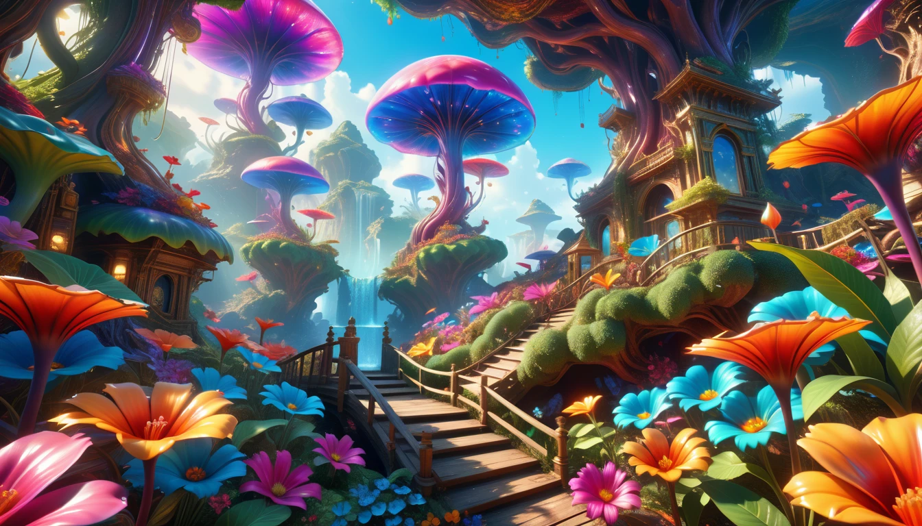 A Masterpiece In 32K Resolution: Supreme Quality, Super Detail, Official Art, Very High-Resolution 32K Wallpaper, Beautiful And Aesthetic, Ultra-Detailed Features, Awe-Inspiring Detail. A Surreal And Exotic Landscape Unfolds With Stunning Beauty In Every Corner, Vibrant And Filled With Color. The Scene Features A Mesmerizing Array Of Alien Flowers In Unique Shapes And Sizes, Alongside An Abundance Of Luscious, Otherworldly Fruits. Presented In Ultra-High Definition (4K Or 8K Resolution), Every Detail Is Captured With Precision And Clarity. The Image Boasts Extreme Realism, Providing An Immersive Experience That Transports The Viewer Into This Strange And Magical World. This Masterpiece Blends Illustration Techniques With Advanced 3D Rendering To Create A Breathtaking Visual Composition. The Bright, Vivid Colors Enhance The Surreal Quality Of The Environment, While Intricate Lighting Design Adds Depth And Texture, Showcasing Dynamic Shifts In Light And Shadow. This Piece Evokes Wonder And Curiosity, Drawing The Viewer Into An Extraordinary Realm Where Nature's Beauty Takes On An Entirely New And Awe-Inspiring Form.