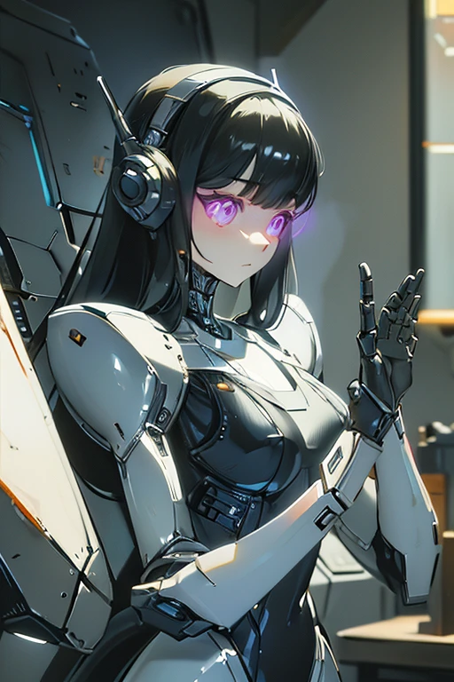 (masterpiece),(Best quality),(Very detailed),(Best illustration),(The best shadow),(It's absurd),(Detailed background),(So beautiful), 16k, 8k, 4K,(The best shadow),Robotization,female ,big breasts,Robot Joint ,Metal skin,Black robot suit,Long hair,Black suit covering the entire body Robot hand,Cyber Bodysuit,Mecha Head,Robotization, Transform into a robot,(Hands and fingers are depicted in detail:1.2),Perfect anatomy,Cybernetic Girl,Sci-Fi Armor,cyborg girl,The wires are connected to the back of the main unit...,No exposed skin,(A face carved like a robot),A neck made of wire,USB port next to the neck,visor,chrome skin,no messy picture style,brainwashing,empty eyes, ((No expression,erasure of emotions)),glowing eyes