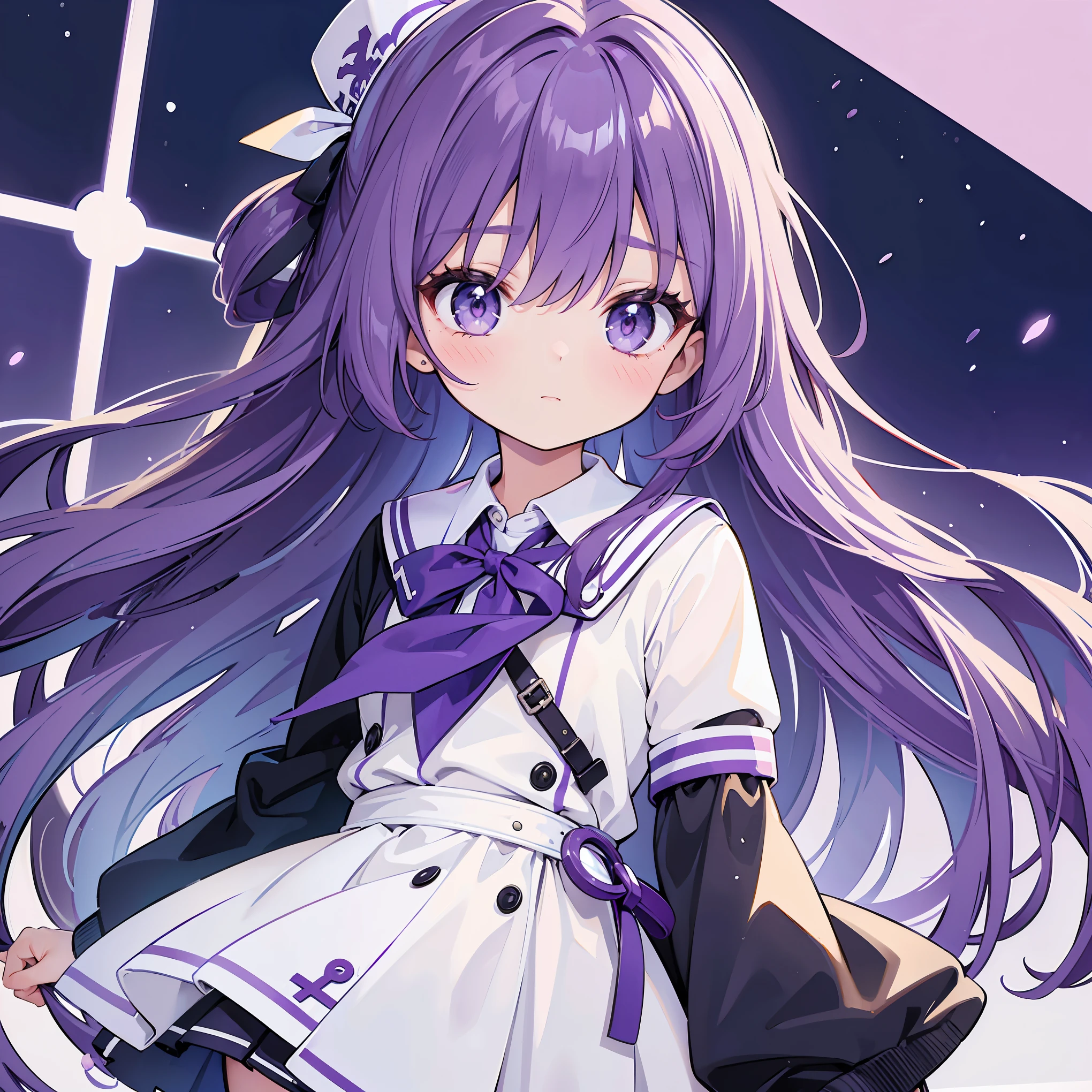 ((Top Quality)), ((Complete)), (Details),She has long purple hair, a soft expression, is about the height of a middle school student, and wears a school uniform with a white motif.