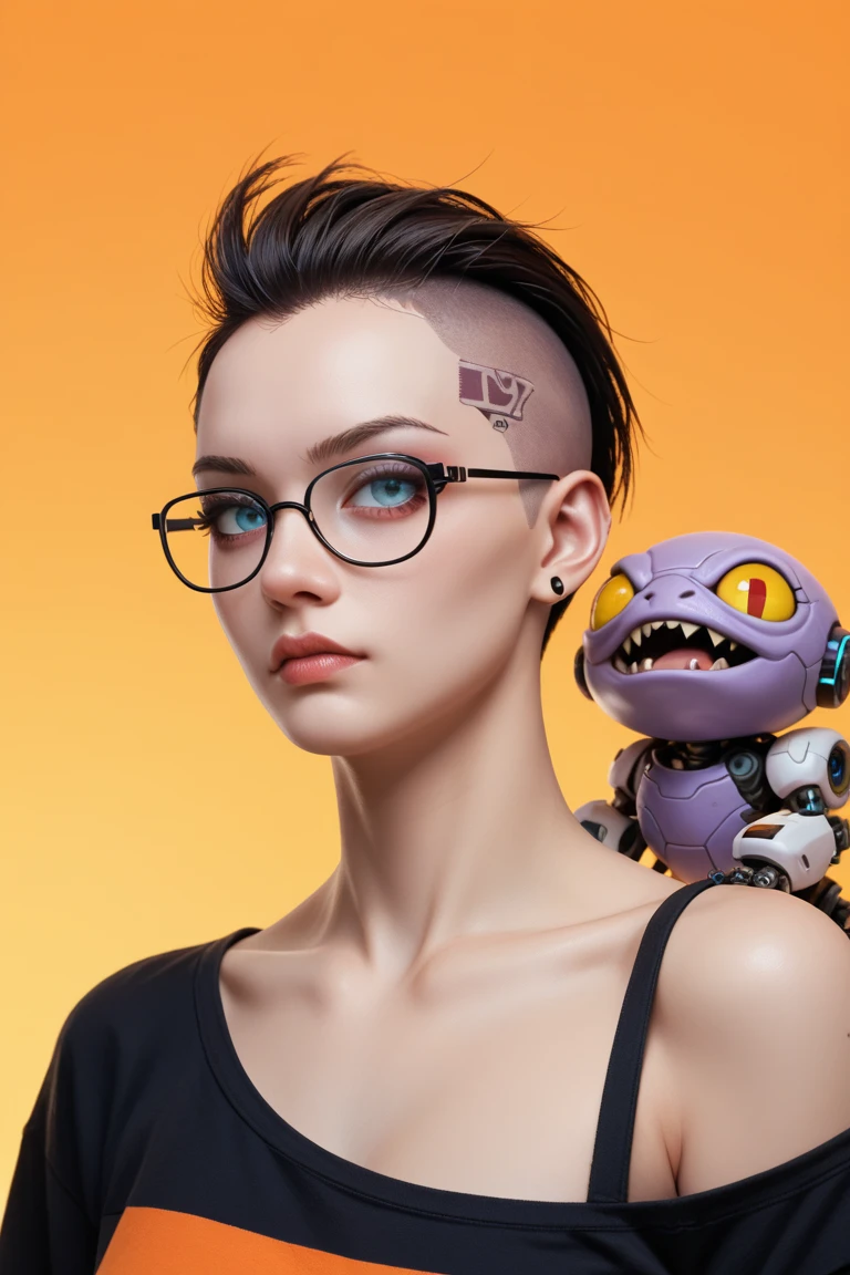 score_9, score_8_up, score_7_up
 1girl, cyborg, computer glasses over one eye, glass eye with cross hair, cyberpunk, shaved side of head, purple orange gradient background, mischievous evil expression, companion creature on shoulder 