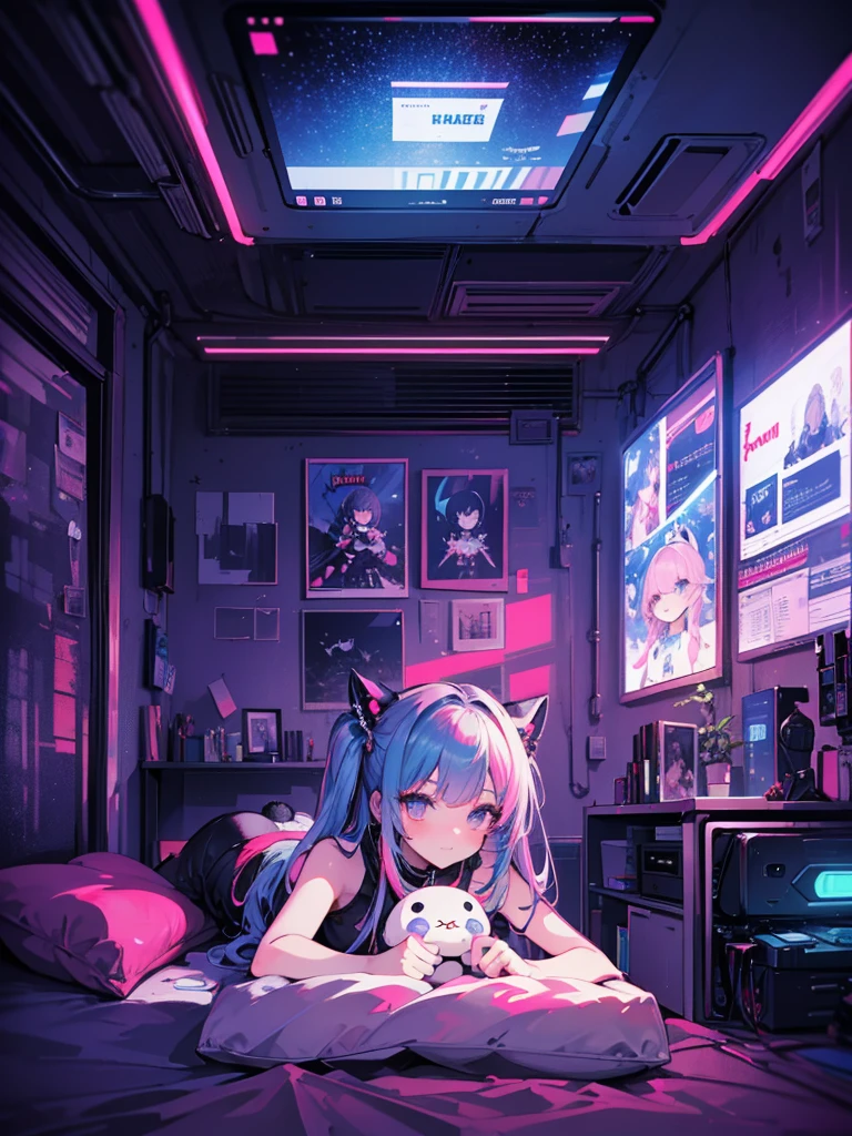 masterpiece,high quality,highly detailed interior,starry,stars,bunny technique,cyberpunkinterior,cyberpunk,kawaiitech,1girl,kawaii, cutecolors,numbness,lying on bed,Colorful portraits,wide shot, full body
