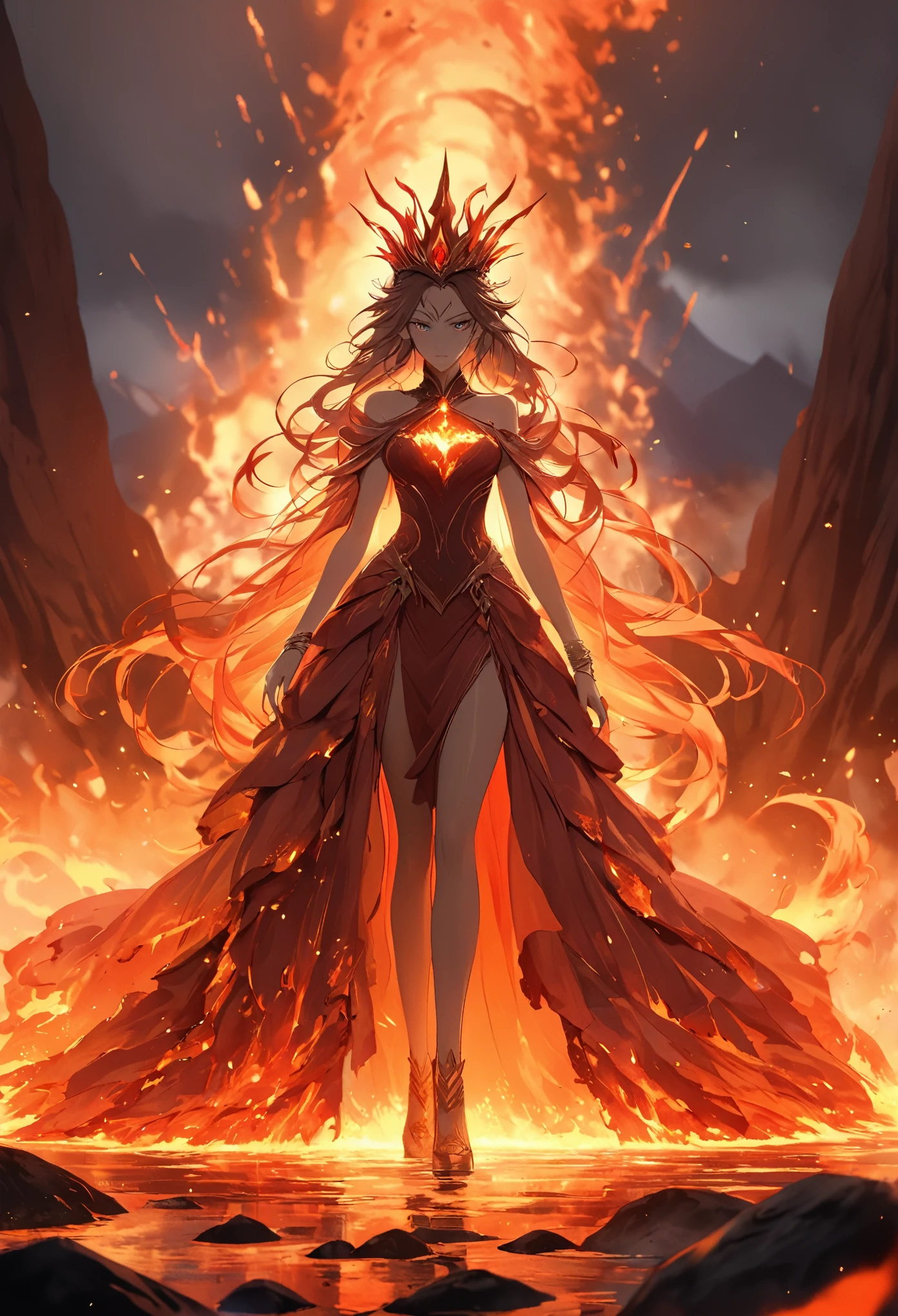 A woman in a red dress standing in front of a fire - SeaArt AI