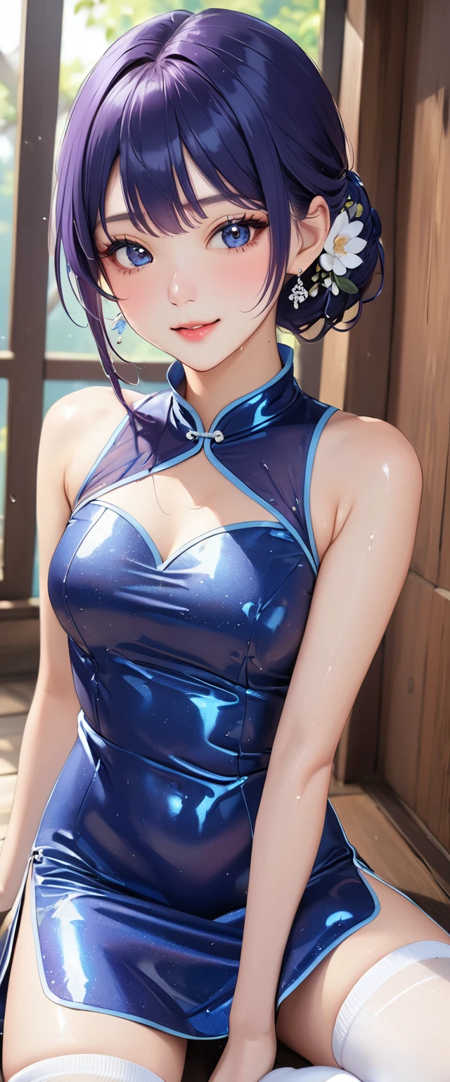 woman,20-year-old,,city,night,(((China dress))),,open mouth smile(),(()),((black hair)),blush、,((())),((turn around and look back))(wet with sweat)Reflecting the buttocks
