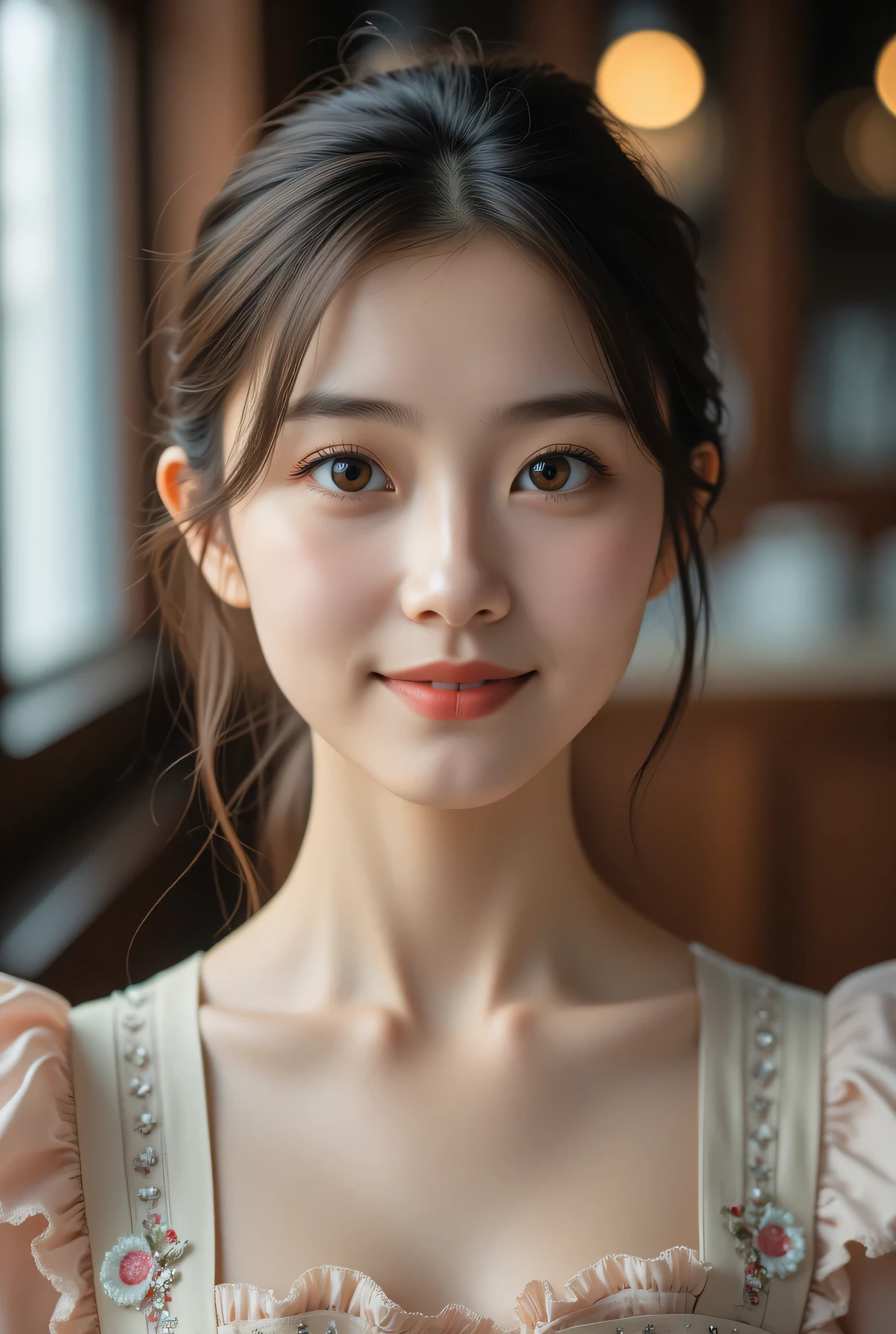 (Very beautiful cute girl), (very cute face:1.2),, (sparking crystal clear attractive large eyes:1.2), beautiful detailed eyes, Detailed double eyelids, (smiling), (realistic photograph:1.2), maid costume,beautiful apron and skirt, very cute Maid costume,(baby ,professional photography