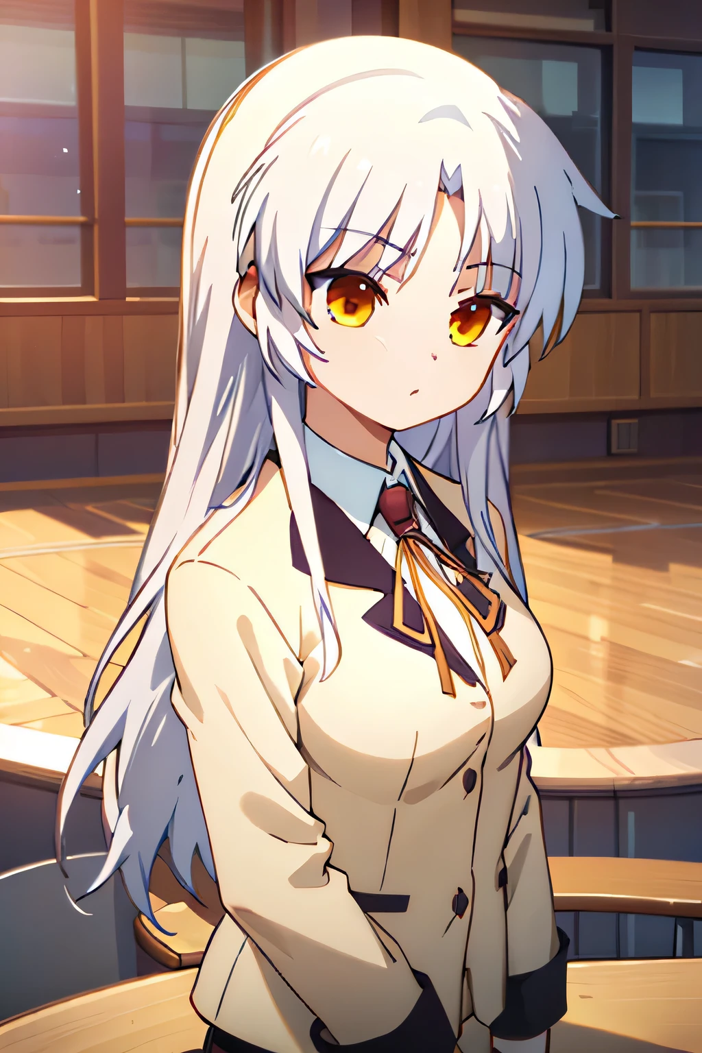 (((Pixel Perfect, Perfect details))), solitary, 1 girl, ，Orange, School Uniform, For the audience, Residence，Golden Eyes，White hair，Large Breasts