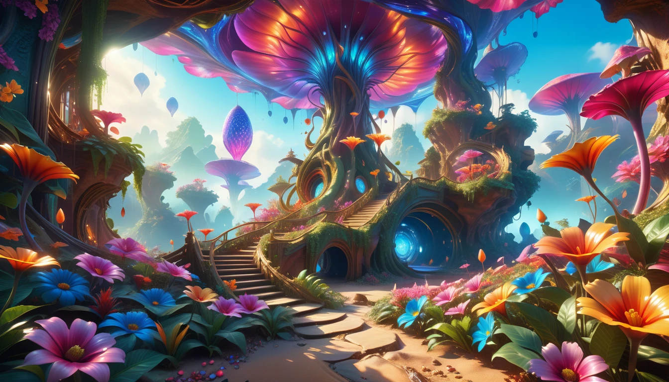 A Masterpiece In 32K Resolution: Supreme Quality, Super Detail, Official Art, Very High-Resolution 32K Wallpaper, Beautiful And Aesthetic, Ultra-Detailed Features, Awe-Inspiring Detail. A Surreal And Exotic Landscape Unfolds With Stunning Beauty In Every Corner, Vibrant And Filled With Color. The Scene Features A Mesmerizing Array Of Alien Flowers In Unique Shapes And Sizes, Alongside An Abundance Of Luscious, Otherworldly Fruits. Presented In Ultra-High Definition (4K Or 8K Resolution), Every Detail Is Captured With Precision And Clarity. The Image Boasts Extreme Realism, Providing An Immersive Experience That Transports The Viewer Into This Strange And Magical World. This Masterpiece Blends Illustration Techniques With Advanced 3D Rendering To Create A Breathtaking Visual Composition. The Bright, Vivid Colors Enhance The Surreal Quality Of The Environment, While Intricate Lighting Design Adds Depth And Texture, Showcasing Dynamic Shifts In Light And Shadow. This Piece Evokes Wonder And Curiosity, Drawing The Viewer Into An Extraordinary Realm Where Nature's Beauty Takes On An Entirely New And Awe-Inspiring Form.