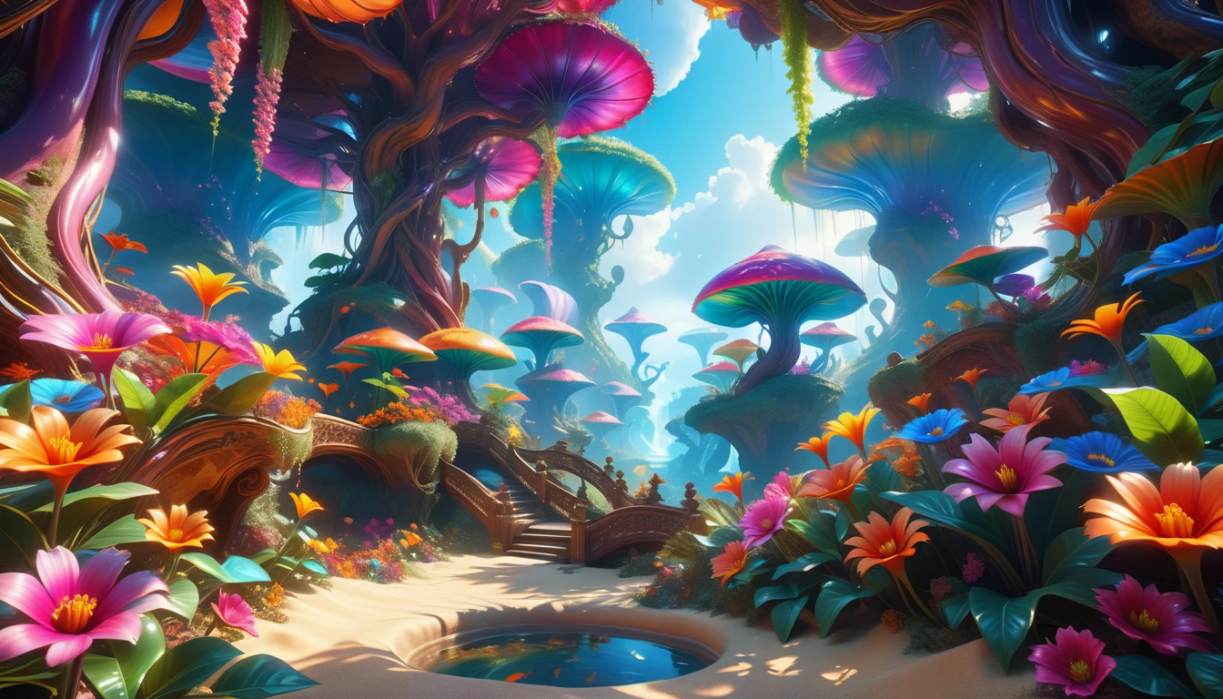 A Masterpiece In 32K Resolution: Supreme Quality, Super Detail, Official Art, Very High-Resolution 32K Wallpaper, Beautiful And Aesthetic, Ultra-Detailed Features, Awe-Inspiring Detail. A Surreal And Exotic Landscape Unfolds With Stunning Beauty In Every Corner, Vibrant And Filled With Color. The Scene Features A Mesmerizing Array Of Alien Flowers In Unique Shapes And Sizes, Alongside An Abundance Of Luscious, Otherworldly Fruits. Presented In Ultra-High Definition (4K Or 8K Resolution), Every Detail Is Captured With Precision And Clarity. The Image Boasts Extreme Realism, Providing An Immersive Experience That Transports The Viewer Into This Strange And Magical World. This Masterpiece Blends Illustration Techniques With Advanced 3D Rendering To Create A Breathtaking Visual Composition. The Bright, Vivid Colors Enhance The Surreal Quality Of The Environment, While Intricate Lighting Design Adds Depth And Texture, Showcasing Dynamic Shifts In Light And Shadow. This Piece Evokes Wonder And Curiosity, Drawing The Viewer Into An Extraordinary Realm Where Nature's Beauty Takes On An Entirely New And Awe-Inspiring Form.