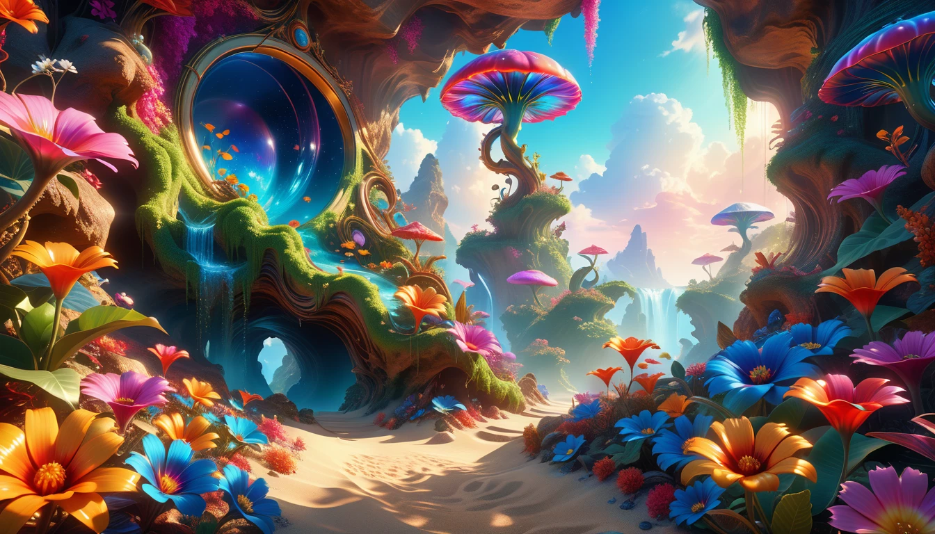 A Masterpiece In 32K Resolution: Supreme Quality, Super Detail, Official Art, Very High-Resolution 32K Wallpaper, Beautiful And Aesthetic, Ultra-Detailed Features, Awe-Inspiring Detail. A Surreal And Exotic Landscape Unfolds With Stunning Beauty In Every Corner, Vibrant And Filled With Color. The Scene Features A Mesmerizing Array Of Alien Flowers In Unique Shapes And Sizes, Alongside An Abundance Of Luscious, Otherworldly Fruits. Presented In Ultra-High Definition (4K Or 8K Resolution), Every Detail Is Captured With Precision And Clarity. The Image Boasts Extreme Realism, Providing An Immersive Experience That Transports The Viewer Into This Strange And Magical World. This Masterpiece Blends Illustration Techniques With Advanced 3D Rendering To Create A Breathtaking Visual Composition. The Bright, Vivid Colors Enhance The Surreal Quality Of The Environment, While Intricate Lighting Design Adds Depth And Texture, Showcasing Dynamic Shifts In Light And Shadow. This Piece Evokes Wonder And Curiosity, Drawing The Viewer Into An Extraordinary Realm Where Nature's Beauty Takes On An Entirely New And Awe-Inspiring Form.