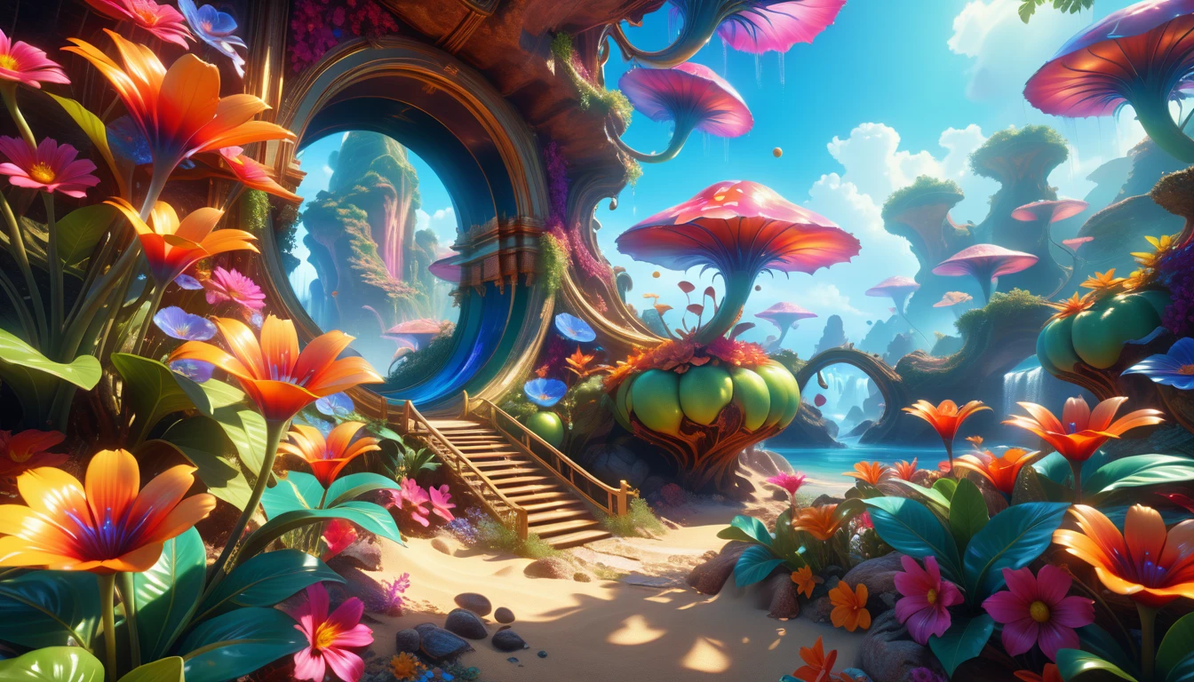 A Masterpiece In 32K Resolution: Supreme Quality, Super Detail, Official Art, Very High-Resolution 32K Wallpaper, Beautiful And Aesthetic, Ultra-Detailed Features, Awe-Inspiring Detail. A Surreal And Exotic Landscape Unfolds With Stunning Beauty In Every Corner, Vibrant And Filled With Color. The Scene Features A Mesmerizing Array Of Alien Flowers In Unique Shapes And Sizes, Alongside An Abundance Of Luscious, Otherworldly Fruits. Presented In Ultra-High Definition (4K Or 8K Resolution), Every Detail Is Captured With Precision And Clarity. The Image Boasts Extreme Realism, Providing An Immersive Experience That Transports The Viewer Into This Strange And Magical World. This Masterpiece Blends Illustration Techniques With Advanced 3D Rendering To Create A Breathtaking Visual Composition. The Bright, Vivid Colors Enhance The Surreal Quality Of The Environment, While Intricate Lighting Design Adds Depth And Texture, Showcasing Dynamic Shifts In Light And Shadow. This Piece Evokes Wonder And Curiosity, Drawing The Viewer Into An Extraordinary Realm Where Nature's Beauty Takes On An Entirely New And Awe-Inspiring Form.