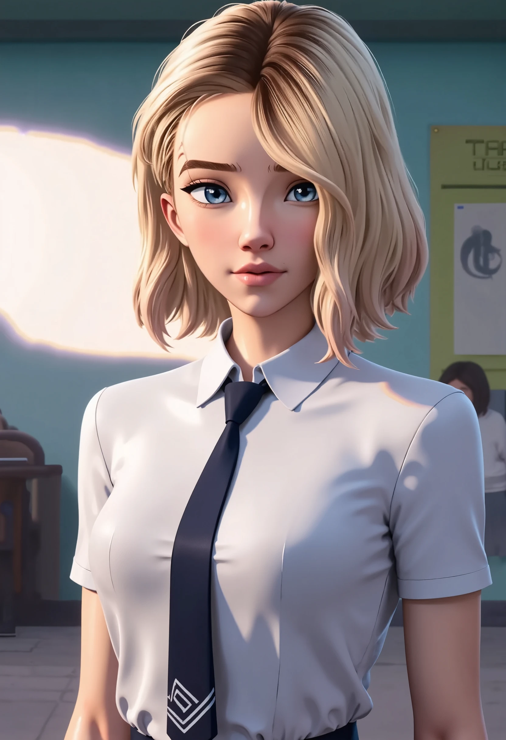 realistic, realism, photorealism, photo-realistic, high contrast, (photorealistic:1.4), (perfect female figure), 8k high definition detailed realistic, NSFW, (best quality, masterpiece:1.2),  photon mapping, radiosity, physically-based rendering, best quality, highly detailed, 1girl, sgwen, indoor, school, school uniforms, skirt