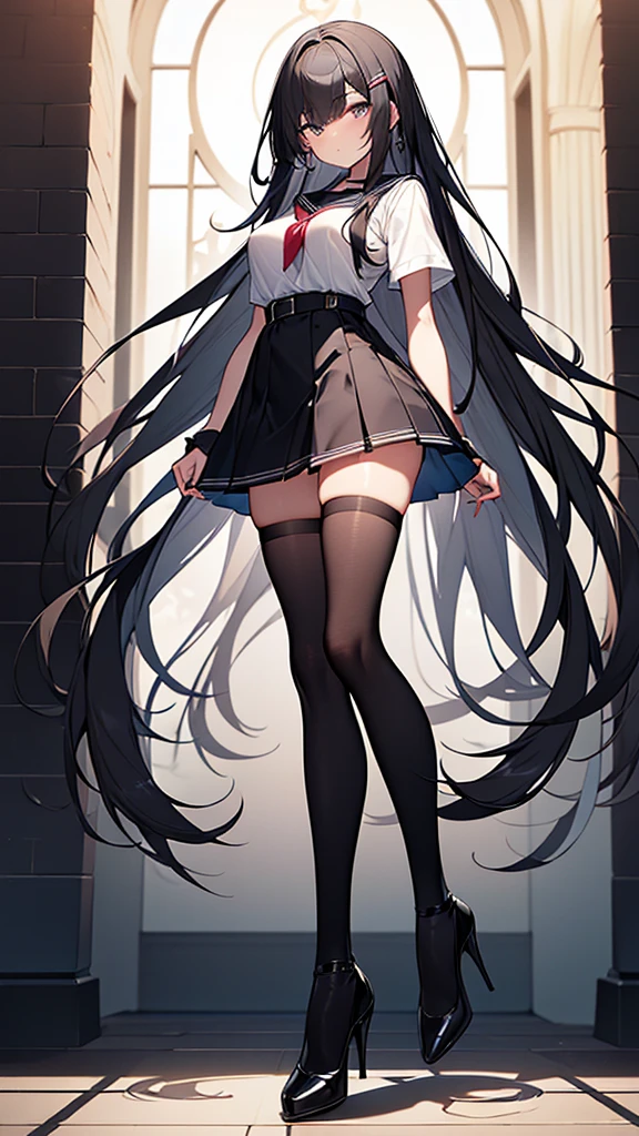 masterpiece, (best quality), vibrant colors ,natural lighting ,RTX, perfect proportions, beautiful, detailed face, (perfect eyes:1.1) ,(photorealistic:1.1), 8k uhd, outdoors, smile, xia ekavira, 1girl, solo, long hair, shirt, hair ornament, red eyes, thighhighs, gloves, long sleeves, white background, ribbon, twintails, very long hair, jacket, hair ribbon, braid, ahoge, grey hair, open clothes, necktie, shoes, shorts, choker, hairclip, collared shirt, belt, black thighhighs, white gloves, twin braids, open jacket, black shirt, short shorts, black ribbon, garter straps, black choker, black shorts, white footwear, white jacket, wing collar, red necktie, sneakers, lace trim, lace, grey shirt, buckle, single glove, pocket, black belt, belt buckle, grey jacket, shirt tucked in, lace-trimmed legwear, grey footwear, straight-on, long braid, holding eyewear, orange necktie, low twin braids, grey belt, Balancing on one foot with arms in the air, <lora:Xia_Ekavira:0.85>