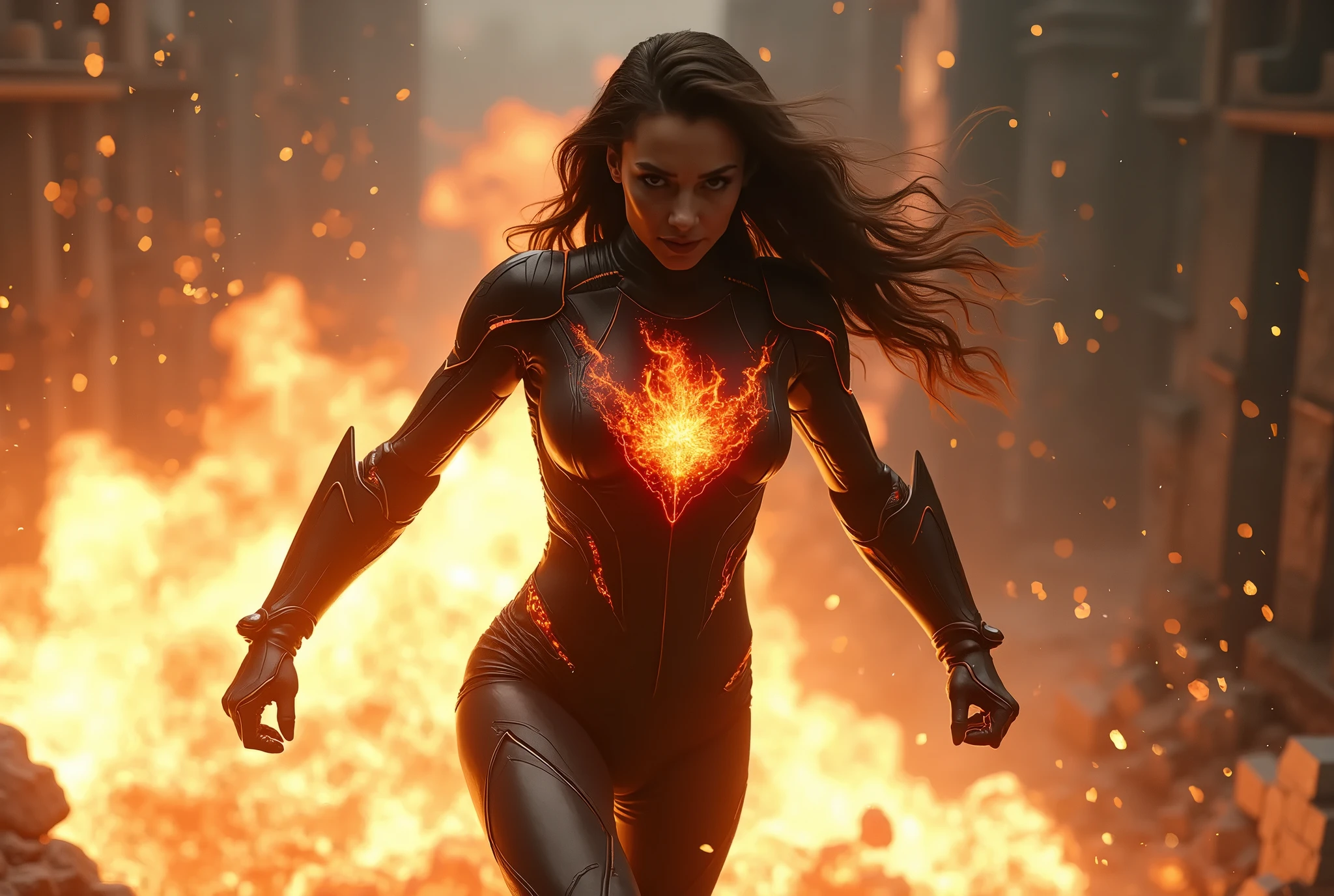 high quality portrait photo of girl dancing in the fire(metal effect:1.5) shiny, sleek, extreme detailed}, serious face, detailed face, skin pores, cinematic shot