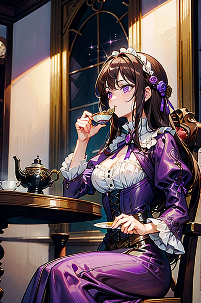 (Highest quality, masterpiece), (Ultra-high resolution, 8k RAW photos, Photorealistic:1.5, Cinema Lighting, Fabric Shading, Thin contours, Clear focus:1.2), Beautiful mature woman making tea_Garden party, Standing by the round table, (pouring tea from a teapot into a cup:1.2), Leaning forward, (Meisen tea set, you can, Tea cup, Some cakes on a plate), Delicate and elegant English style white table with gold accents and royal decorations。_green, (Wearing a dark green maid outfit:1.5, Cleavage, Green maid costume:1.2, Long Flared Skirt, apron, Bow tie on chest), Tall Sally, Long legs, Gray Hair, (Wearing thin glasses:1.2), (Mature Woman:1.5, 28 years old, alone), (Large Breasts, Saggy breasts, big , Tight waist), whole bodyesbian, (medium short Gray Hair, Hair on one eye, (Updo:1.2), Side Lock, Asymmetrical Hair, Wavy Hair), (thin and bright pupils, Highlighted, detailed eyes:1.3, A face with attention to detail, perfect face shape, Bloodshot eyes), (Happy smile, Half-close your eyes:1.2), (Looking at the audience:1.3), (Dutch Angle, whole body:0.3, From below:1.2), ((Correct Anatomy:1.5, The right move)), (Ideal body proportions), (Outdoor:1.2, grassland), 