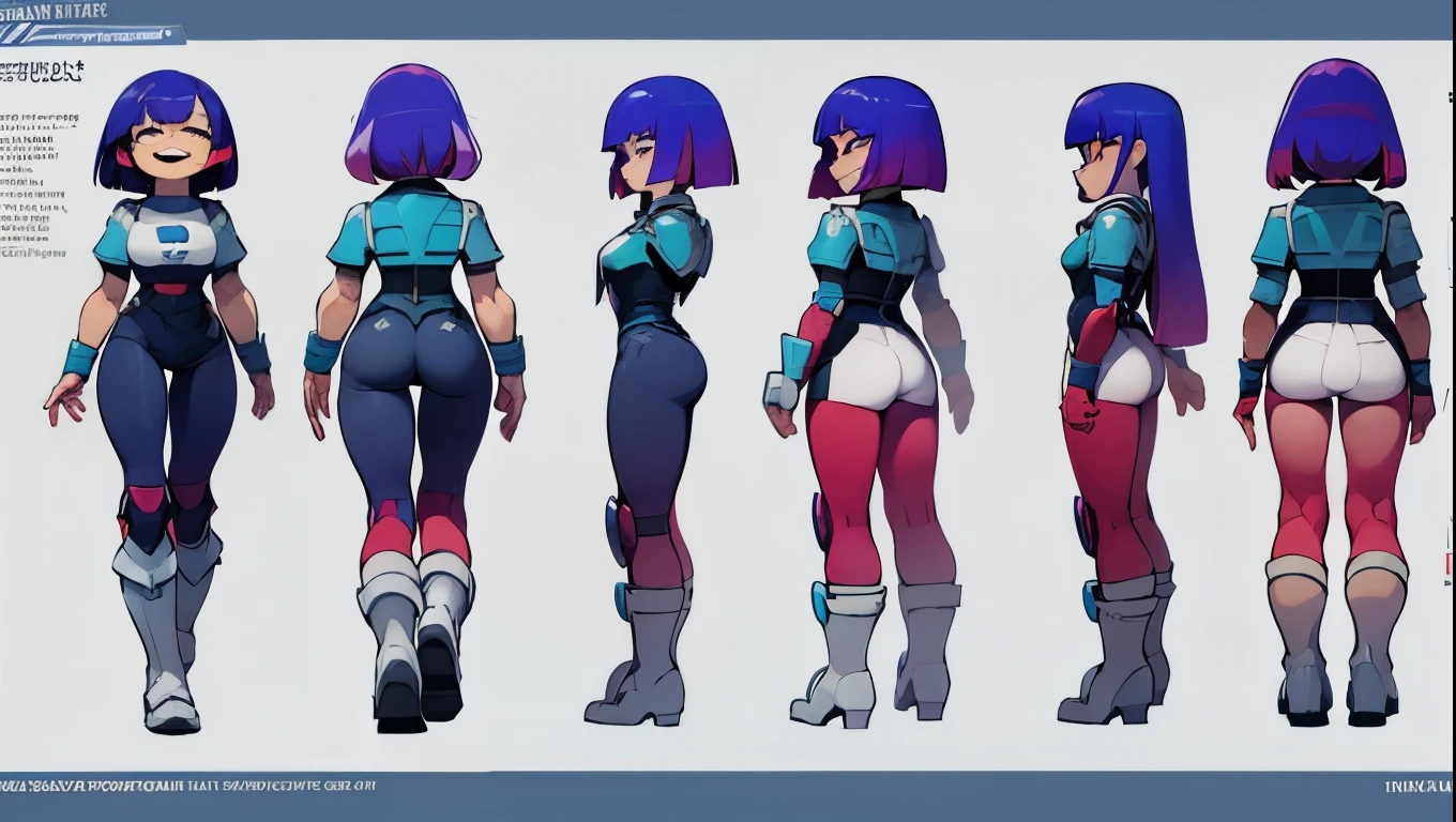 (My Hero academia style), (((Miko Kubota))), ((Glitch Techs)), 1girl, female, ((tomboy)), High-tech armor, tight armor, (sexy armor), wide hips, wide thighs, medium sized breasts, wicked smile, evil look, blue lightning around, blue lightning, (Full body photo:1.5), (High resolution)), ((concept art of character)), ((Character Design Sheet)), (Same role), (frontage), (Lateral face), (on back), ((three sided view)), ((multiple views)), 