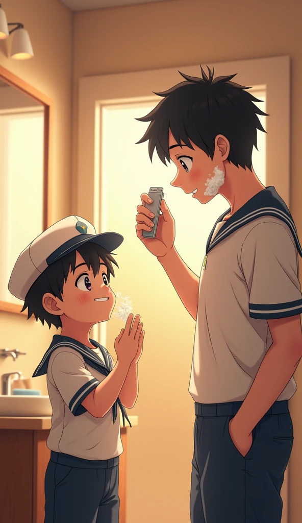 An anime boy dressed as a sailor imitating his father with shaving foam on his face, father laughing, detailed facial features, high resolution, photorealistic, vibrant colors, warm lighting, cinematic composition, masterpiece