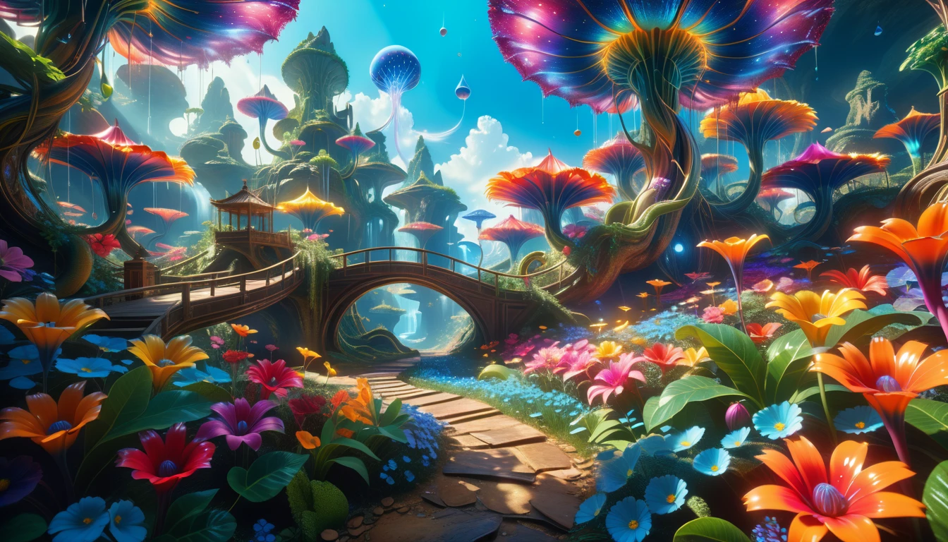 A Masterpiece In 32K Resolution: Supreme Quality, Super Detail, Official Art, Very High-Resolution 32K Wallpaper, Beautiful And Aesthetic, Ultra-Detailed Features, Awe-Inspiring Detail. A Surreal And Exotic Landscape Unfolds With Stunning Beauty In Every Corner, Vibrant And Filled With Color. The Scene Features A Mesmerizing Array Of Alien Flowers In Unique Shapes And Sizes, Alongside An Abundance Of Luscious, Otherworldly Fruits. Presented In Ultra-High Definition (4K Or 8K Resolution), Every Detail Is Captured With Precision And Clarity. The Image Boasts Extreme Realism, Providing An Immersive Experience That Transports The Viewer Into This Strange And Magical World. This Masterpiece Blends Illustration Techniques With Advanced 3D Rendering To Create A Breathtaking Visual Composition. The Bright, Vivid Colors Enhance The Surreal Quality Of The Environment, While Intricate Lighting Design Adds Depth And Texture, Showcasing Dynamic Shifts In Light And Shadow. This Piece Evokes Wonder And Curiosity, Drawing The Viewer Into An Extraordinary Realm Where Nature's Beauty Takes On An Entirely New And Awe-Inspiring Form.