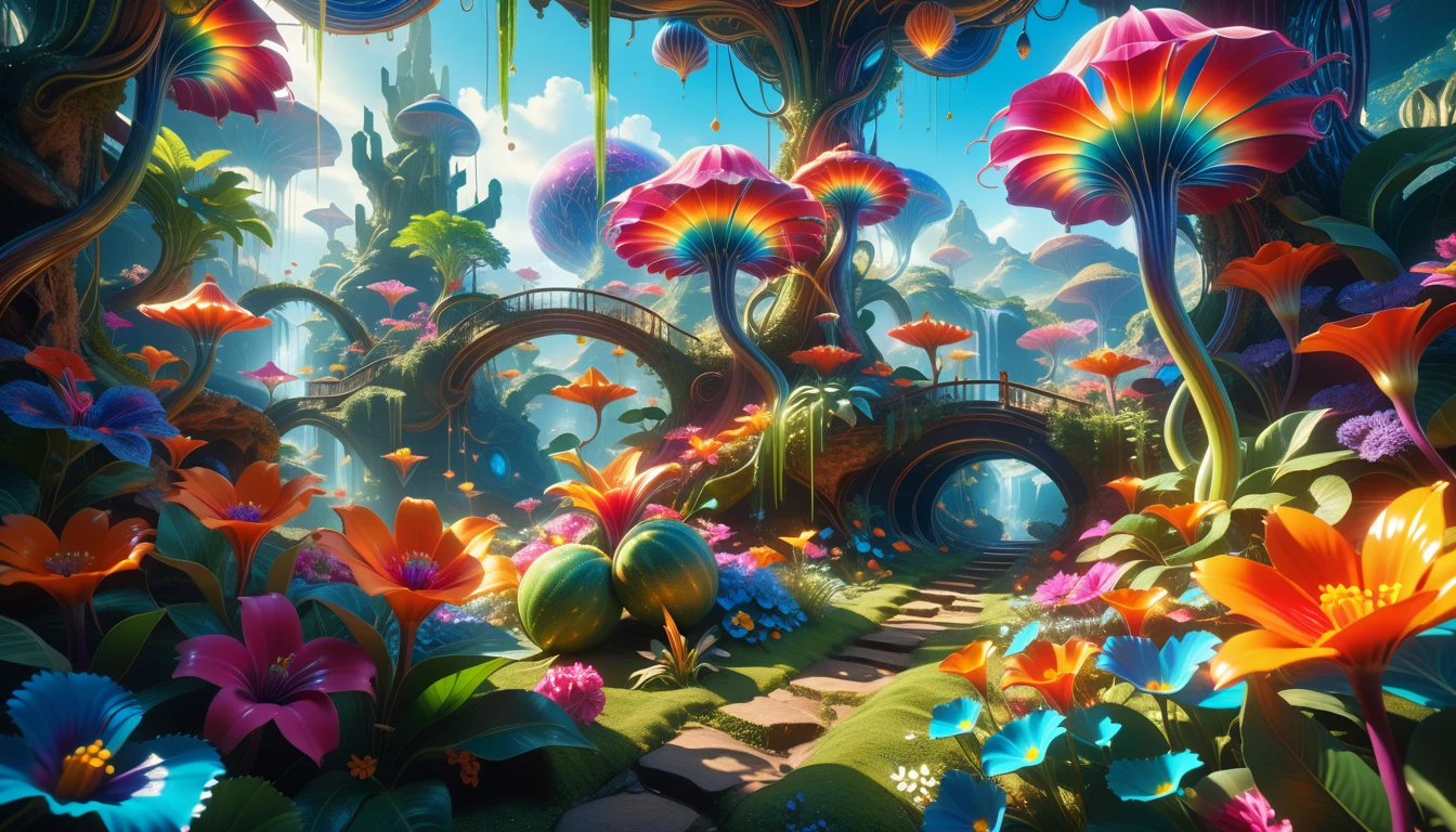 A Masterpiece In 32K Resolution: Supreme Quality, Super Detail, Official Art, Very High-Resolution 32K Wallpaper, Beautiful And Aesthetic, Ultra-Detailed Features, Awe-Inspiring Detail. A Surreal And Exotic Landscape Unfolds With Stunning Beauty In Every Corner, Vibrant And Filled With Color. The Scene Features A Mesmerizing Array Of Alien Flowers In Unique Shapes And Sizes, Alongside An Abundance Of Luscious, Otherworldly Fruits. Presented In Ultra-High Definition (4K Or 8K Resolution), Every Detail Is Captured With Precision And Clarity. The Image Boasts Extreme Realism, Providing An Immersive Experience That Transports The Viewer Into This Strange And Magical World. This Masterpiece Blends Illustration Techniques With Advanced 3D Rendering To Create A Breathtaking Visual Composition. The Bright, Vivid Colors Enhance The Surreal Quality Of The Environment, While Intricate Lighting Design Adds Depth And Texture, Showcasing Dynamic Shifts In Light And Shadow. This Piece Evokes Wonder And Curiosity, Drawing The Viewer Into An Extraordinary Realm Where Nature's Beauty Takes On An Entirely New And Awe-Inspiring Form.