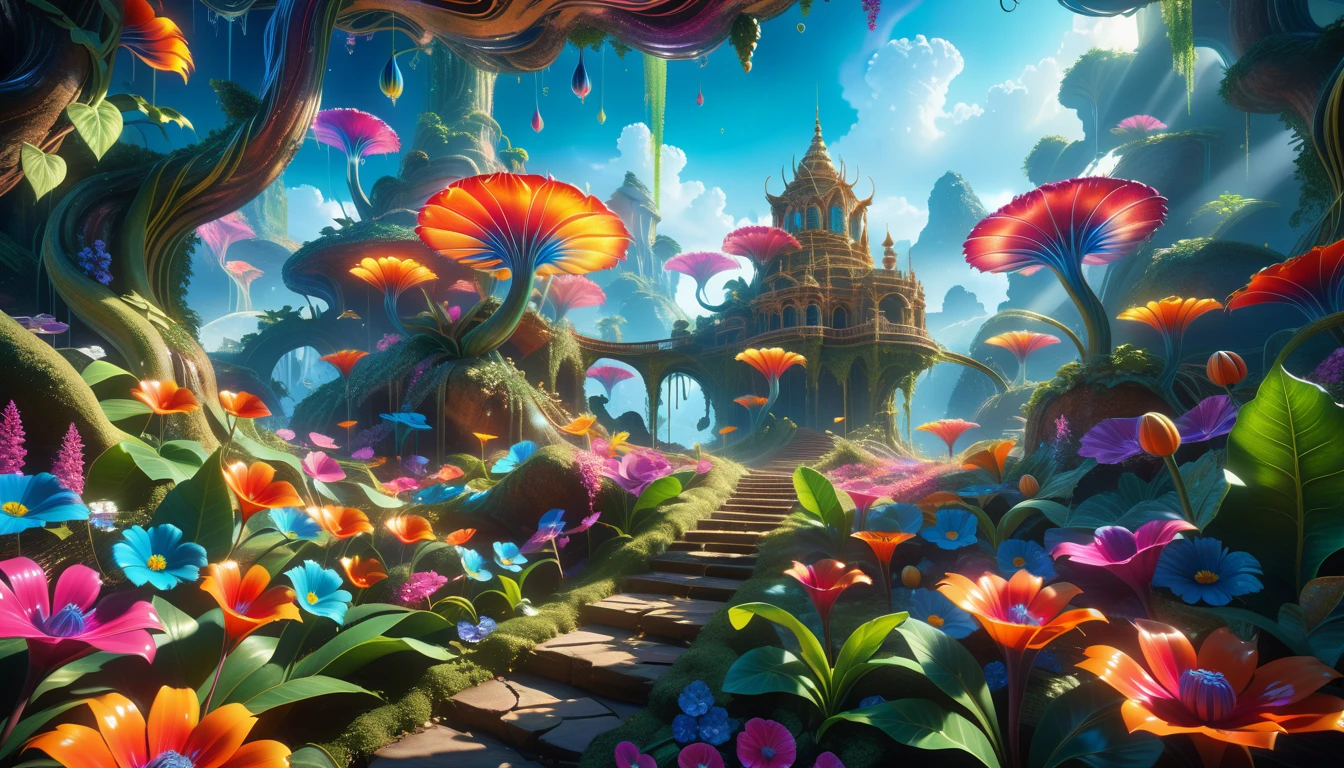 A Masterpiece In 32K Resolution: Supreme Quality, Super Detail, Official Art, Very High-Resolution 32K Wallpaper, Beautiful And Aesthetic, Ultra-Detailed Features, Awe-Inspiring Detail. A Surreal And Exotic Landscape Unfolds With Stunning Beauty In Every Corner, Vibrant And Filled With Color. The Scene Features A Mesmerizing Array Of Alien Flowers In Unique Shapes And Sizes, Alongside An Abundance Of Luscious, Otherworldly Fruits. Presented In Ultra-High Definition (4K Or 8K Resolution), Every Detail Is Captured With Precision And Clarity. The Image Boasts Extreme Realism, Providing An Immersive Experience That Transports The Viewer Into This Strange And Magical World. This Masterpiece Blends Illustration Techniques With Advanced 3D Rendering To Create A Breathtaking Visual Composition. The Bright, Vivid Colors Enhance The Surreal Quality Of The Environment, While Intricate Lighting Design Adds Depth And Texture, Showcasing Dynamic Shifts In Light And Shadow. This Piece Evokes Wonder And Curiosity, Drawing The Viewer Into An Extraordinary Realm Where Nature's Beauty Takes On An Entirely New And Awe-Inspiring Form.